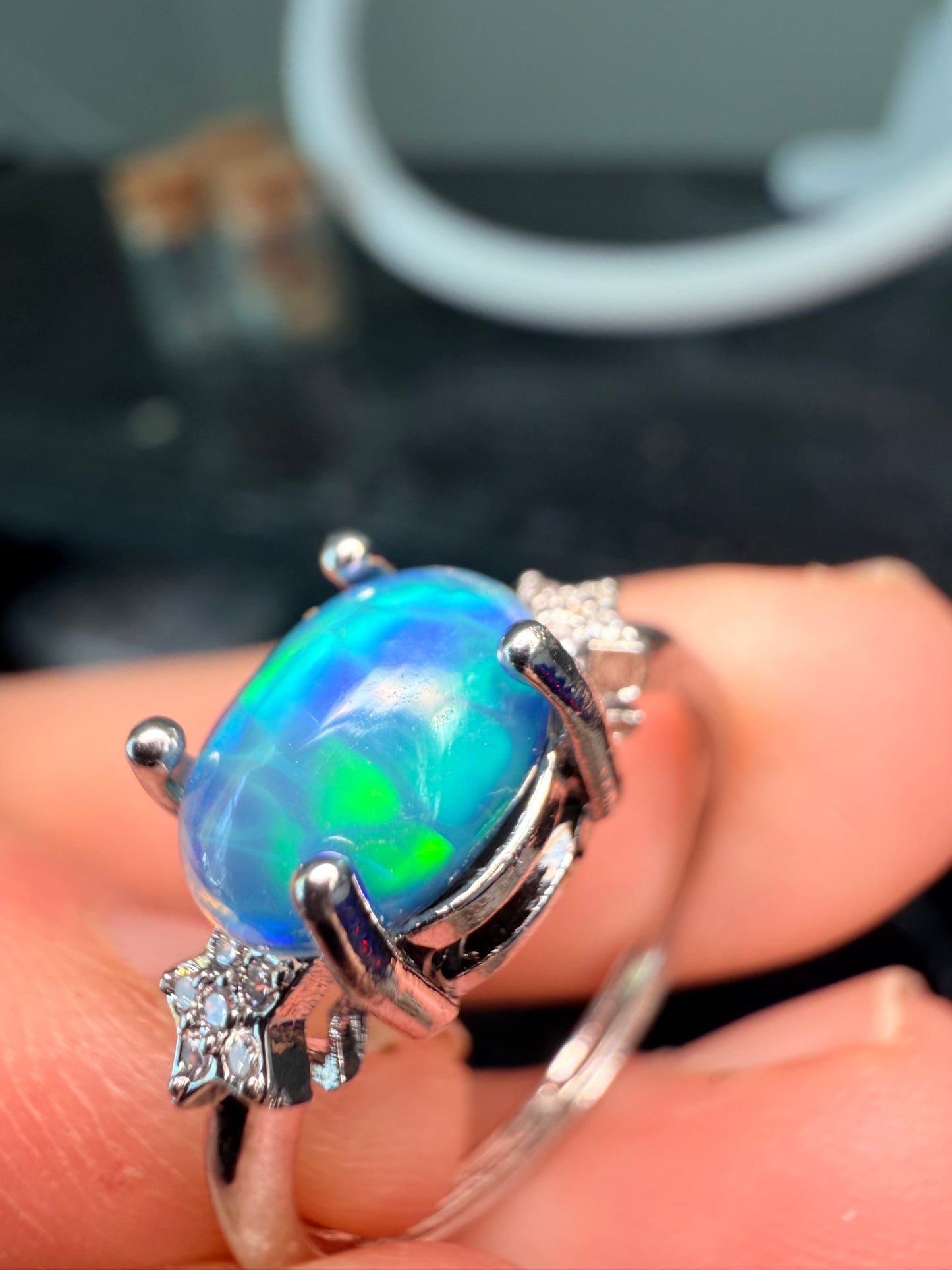 Blue honeycomb Ethiopian opal adjustable ring