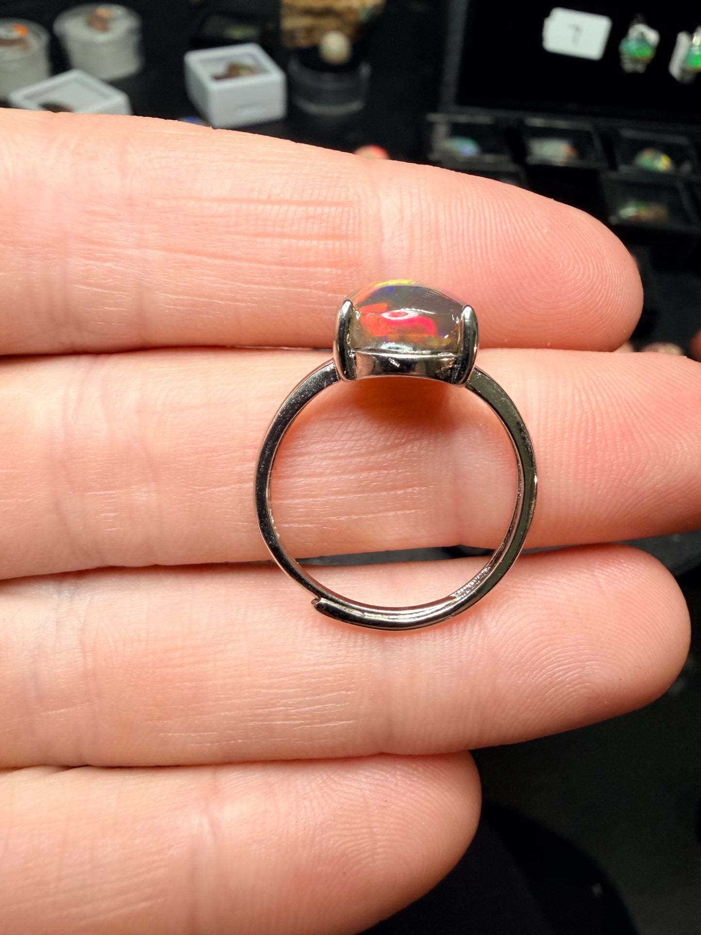 3.4 carat all natural black Ethiopian opal adjustable ring