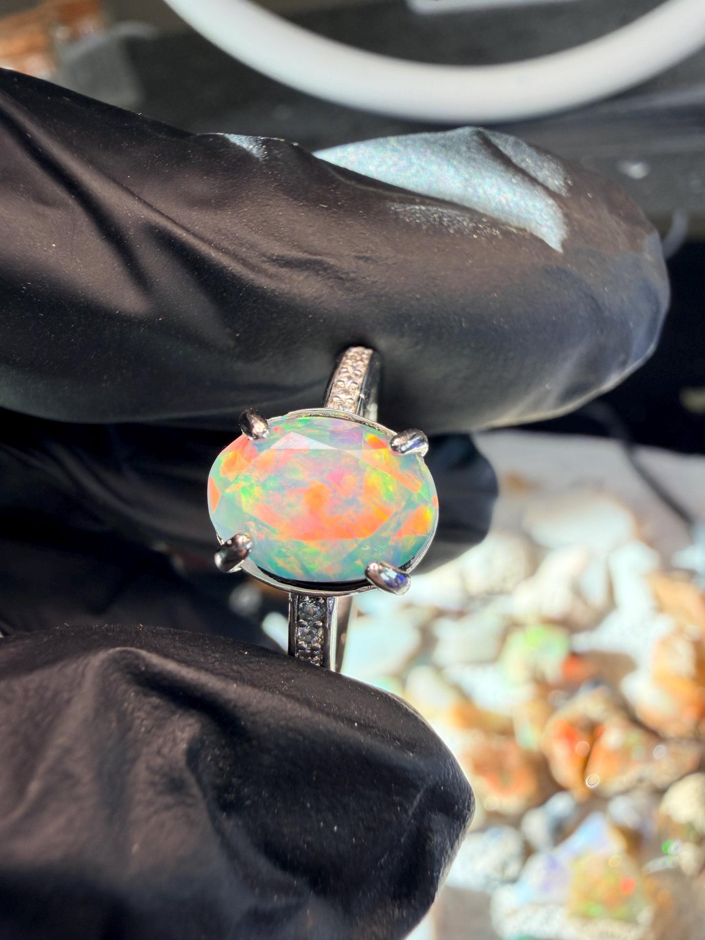 Faceted 1.2 carat Ethiopian opal adjustable ring