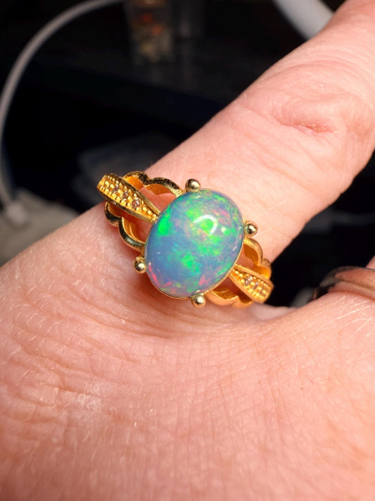 1.1 carat Ethiopian opal adjustable ring in 18kt gold plated brass