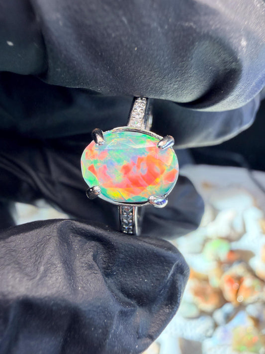 Faceted 1.2 carat Ethiopian opal adjustable ring