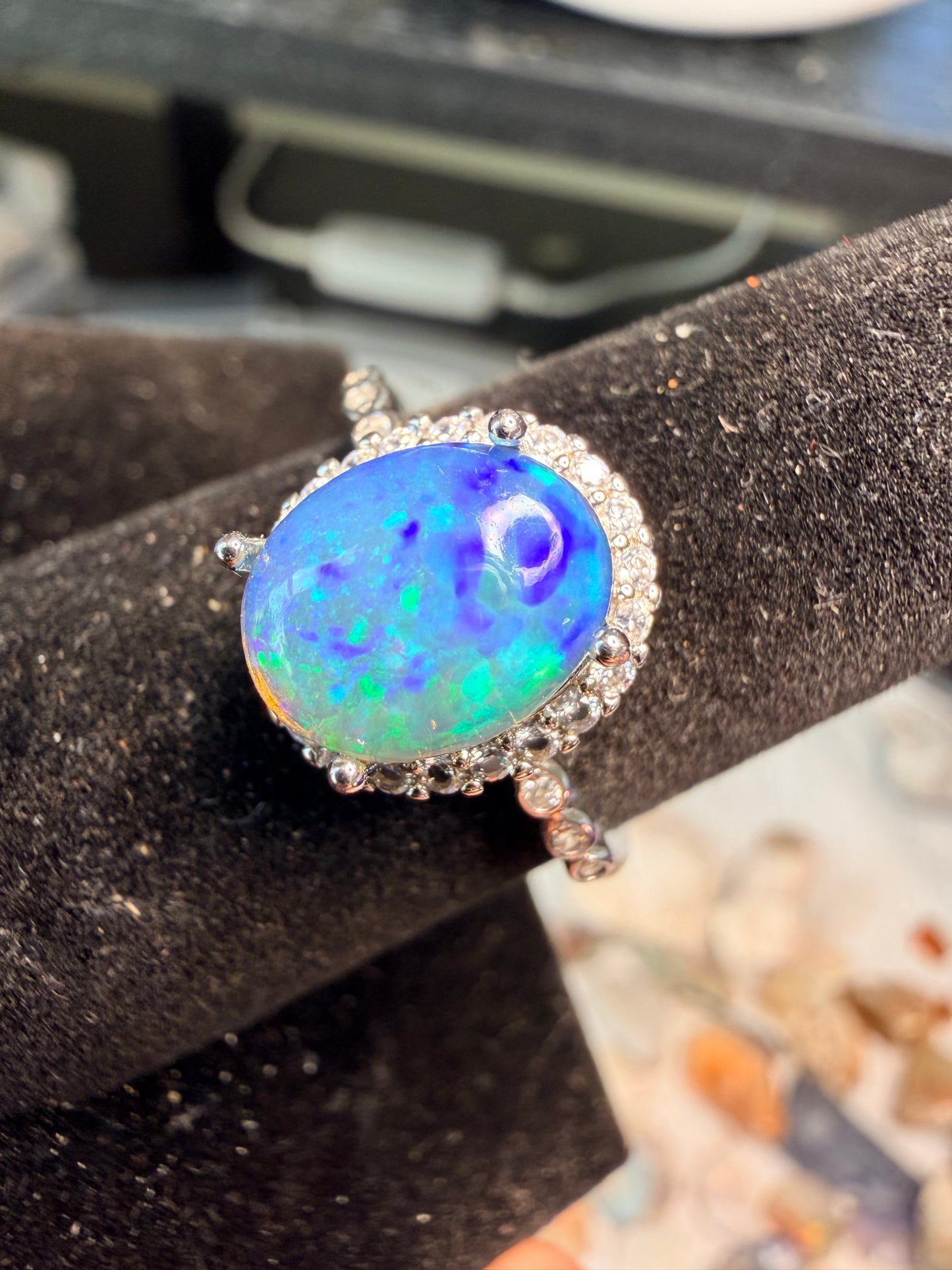 1.9 carat Ethiopian opal adjustable ring super blue honeycomb confetti