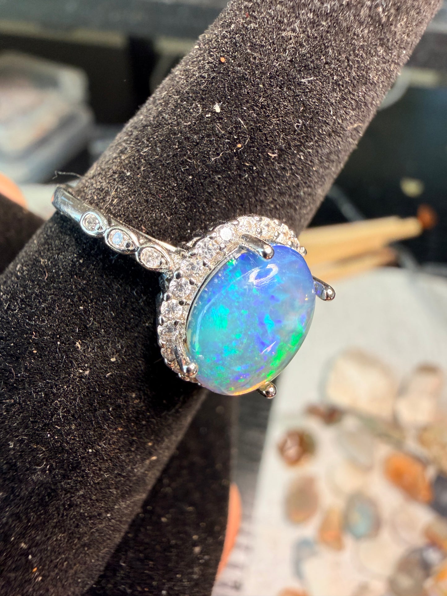 1.9 carat Ethiopian opal adjustable ring super blue honeycomb confetti