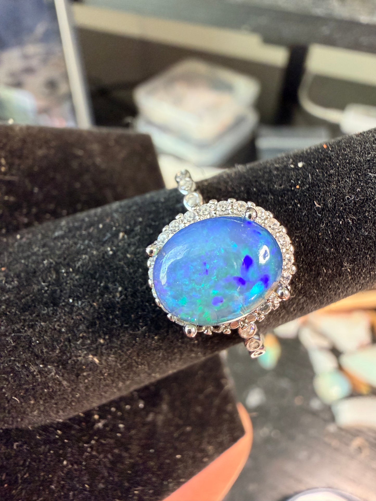 1.9 carat Ethiopian opal adjustable ring super blue honeycomb confetti