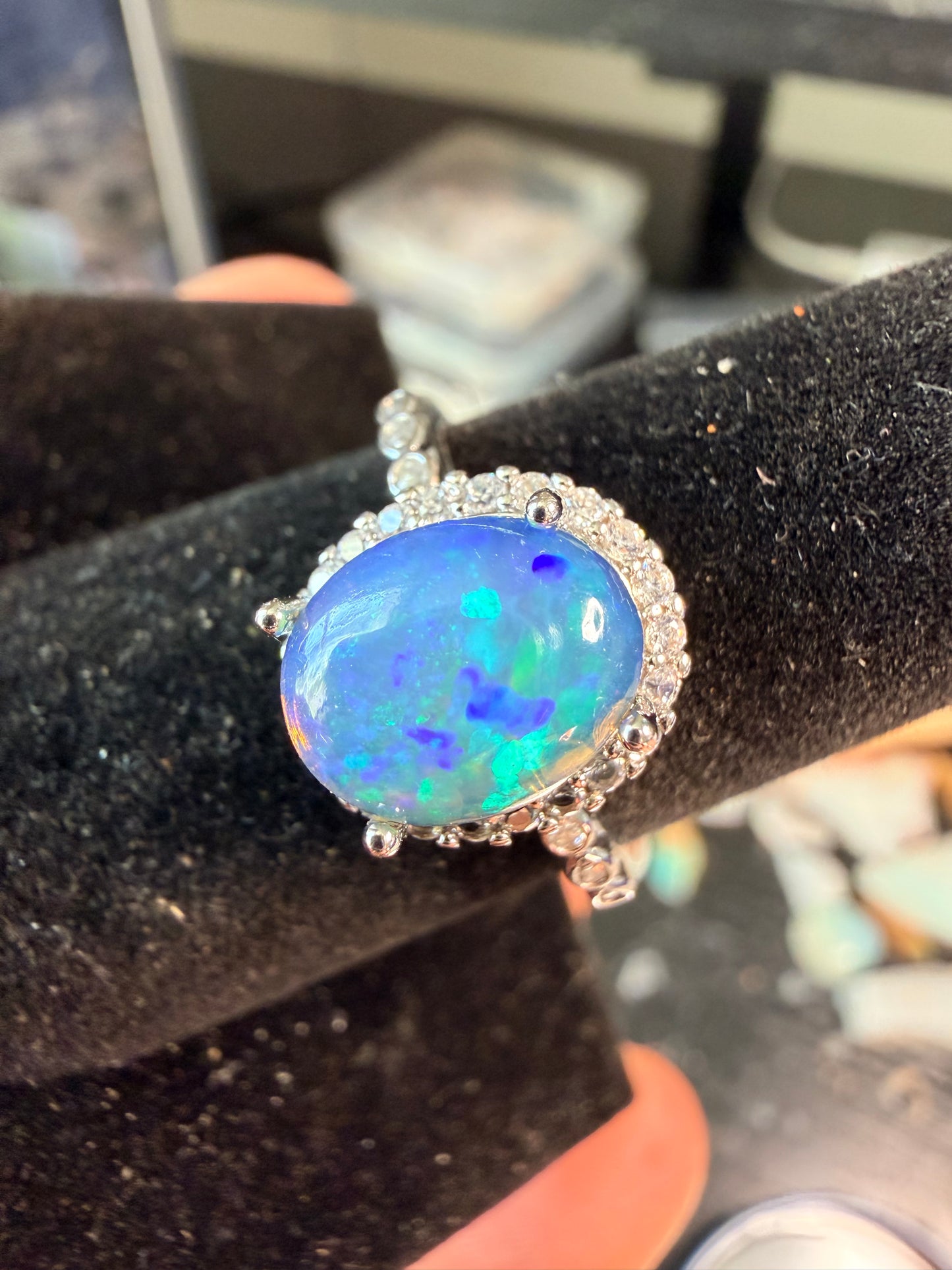 1.9 carat Ethiopian opal adjustable ring super blue honeycomb confetti