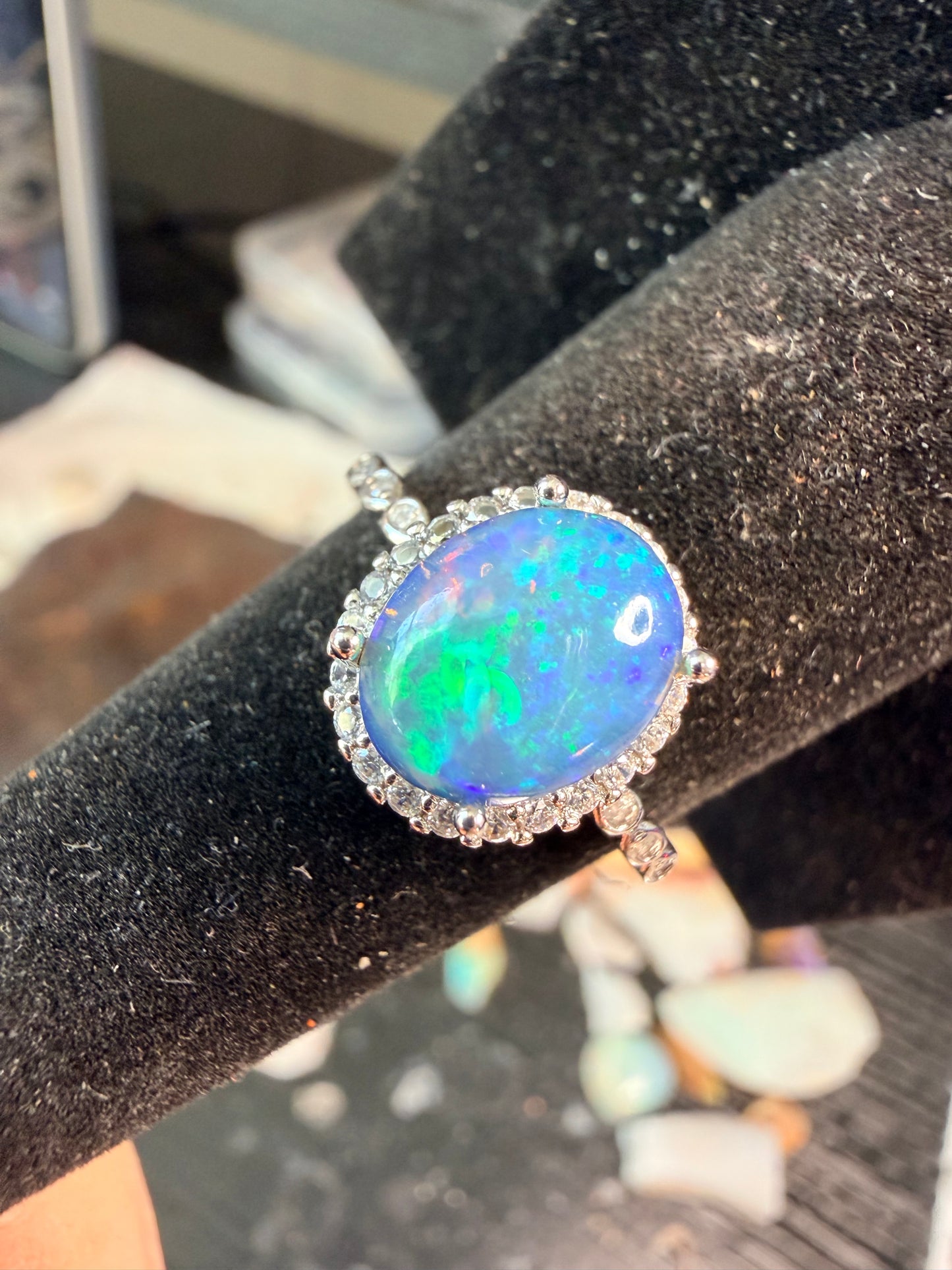 1.9 carat Ethiopian opal adjustable ring super blue honeycomb confetti