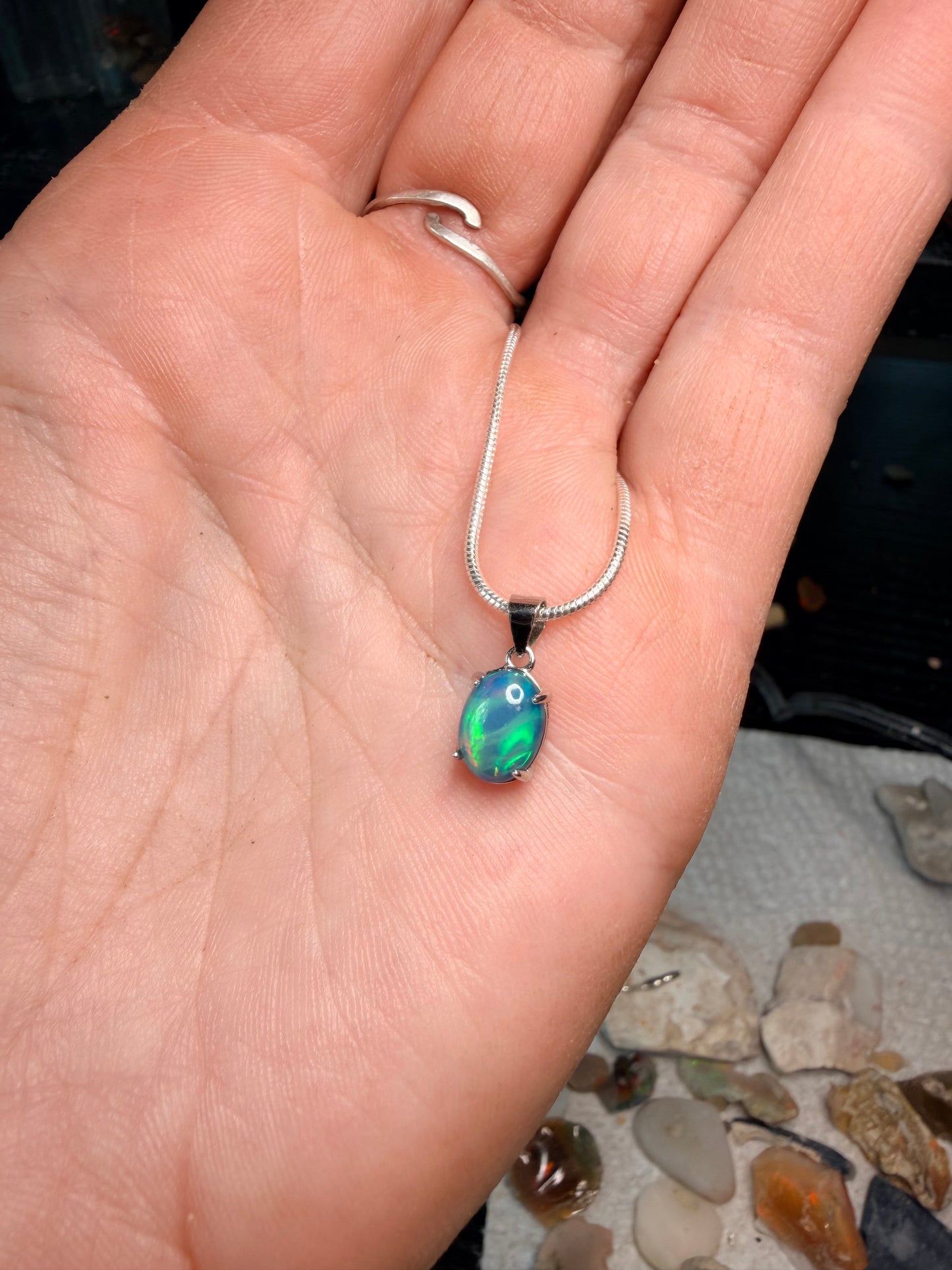 Blue/green stripe pattern Ethiopian opal pendant