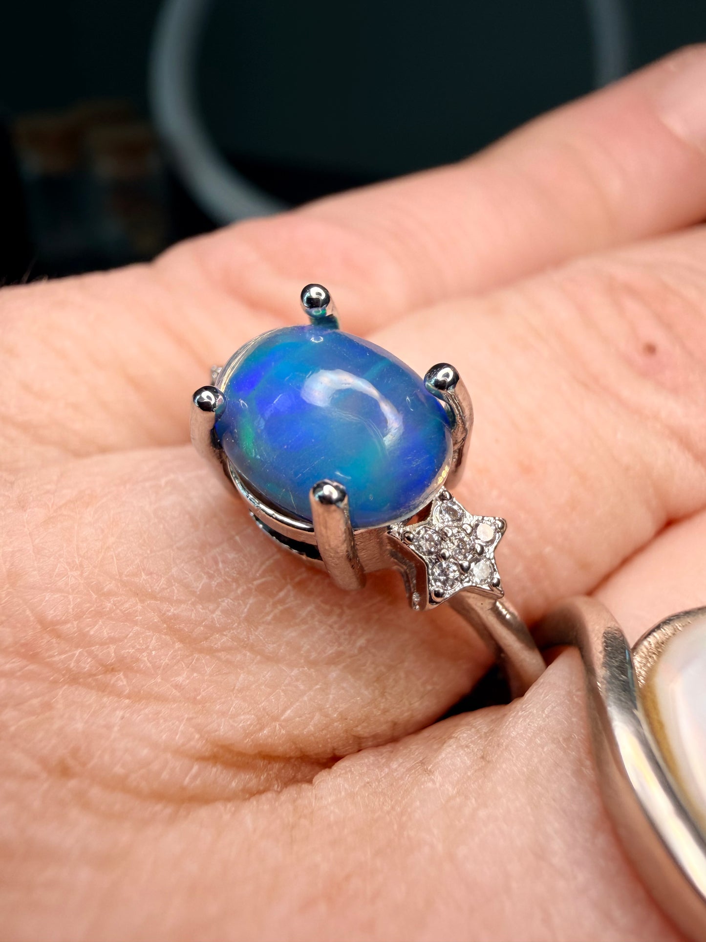 Blue honeycomb Ethiopian opal adjustable ring