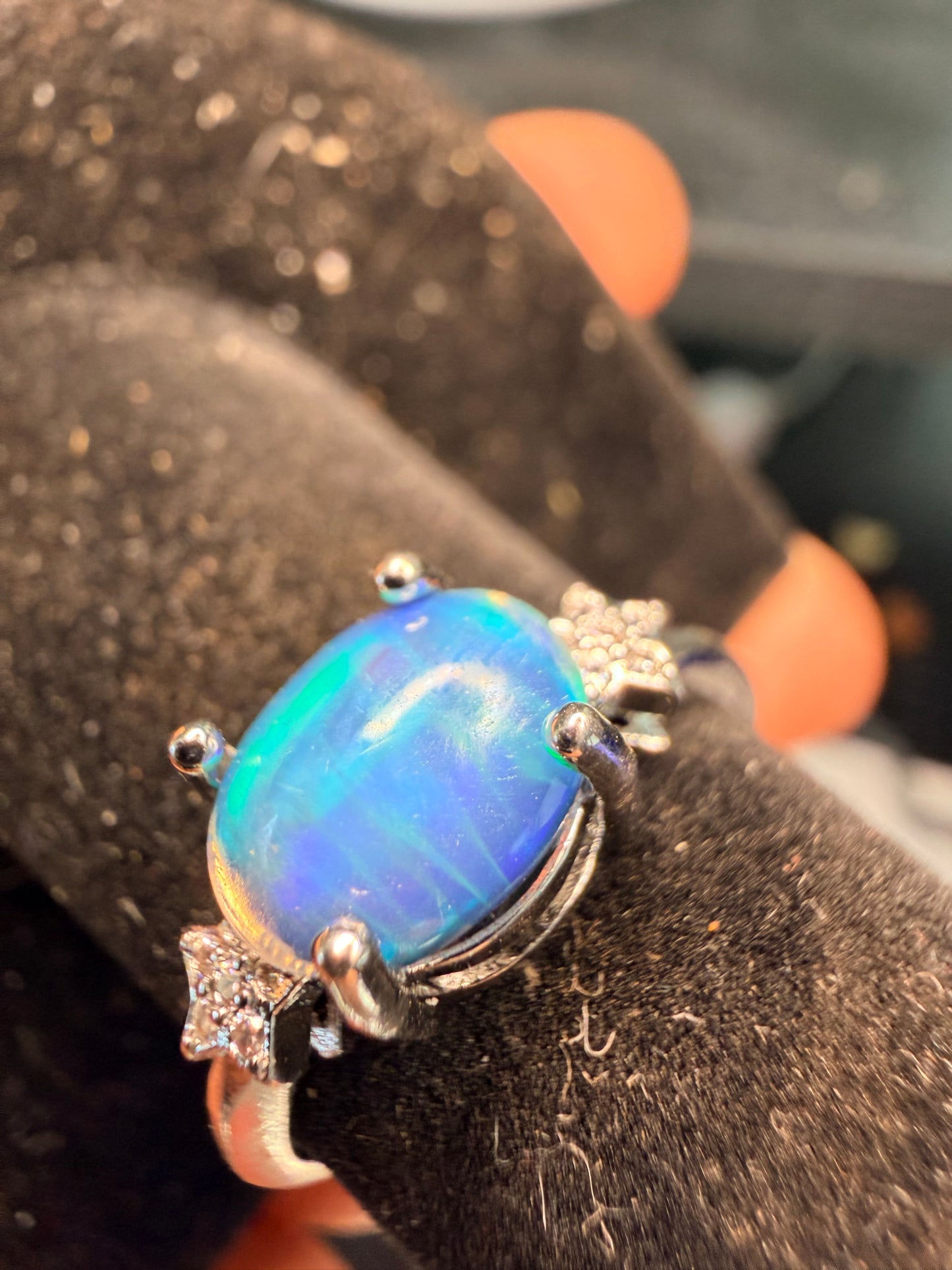 Blue honeycomb Ethiopian opal adjustable ring