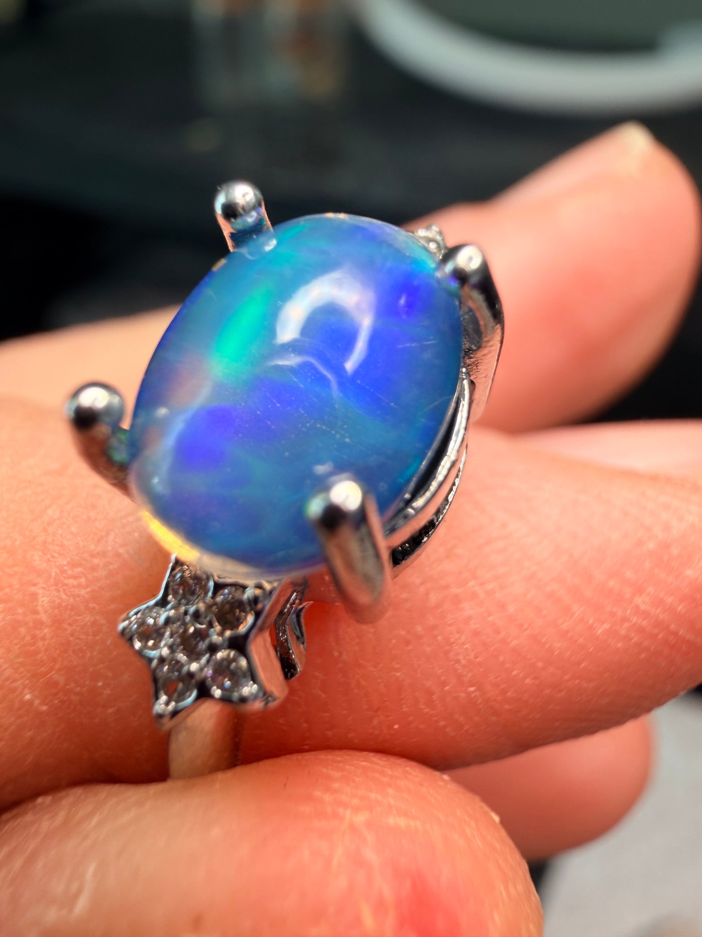 Blue honeycomb Ethiopian opal adjustable ring