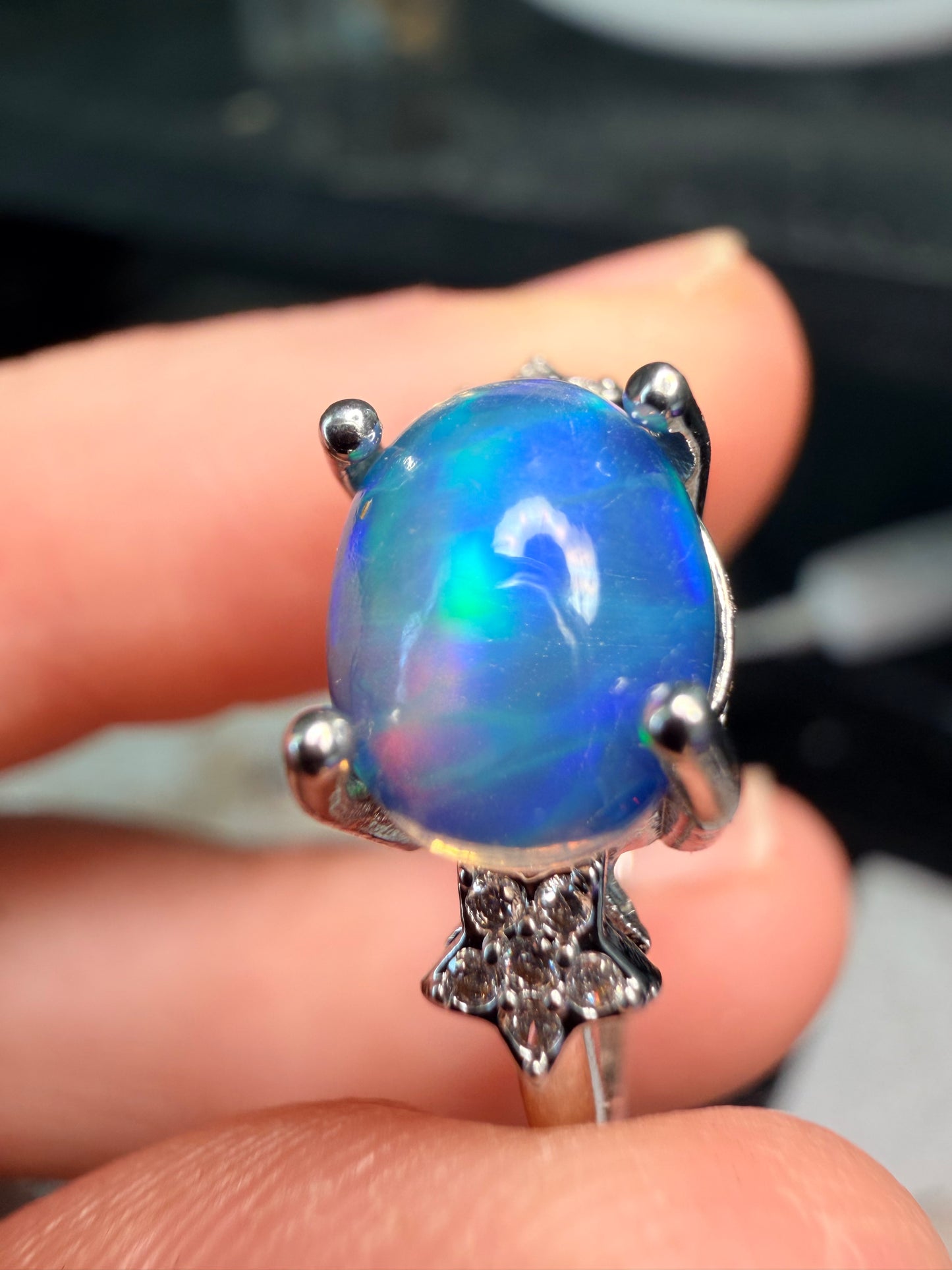 Blue honeycomb Ethiopian opal adjustable ring