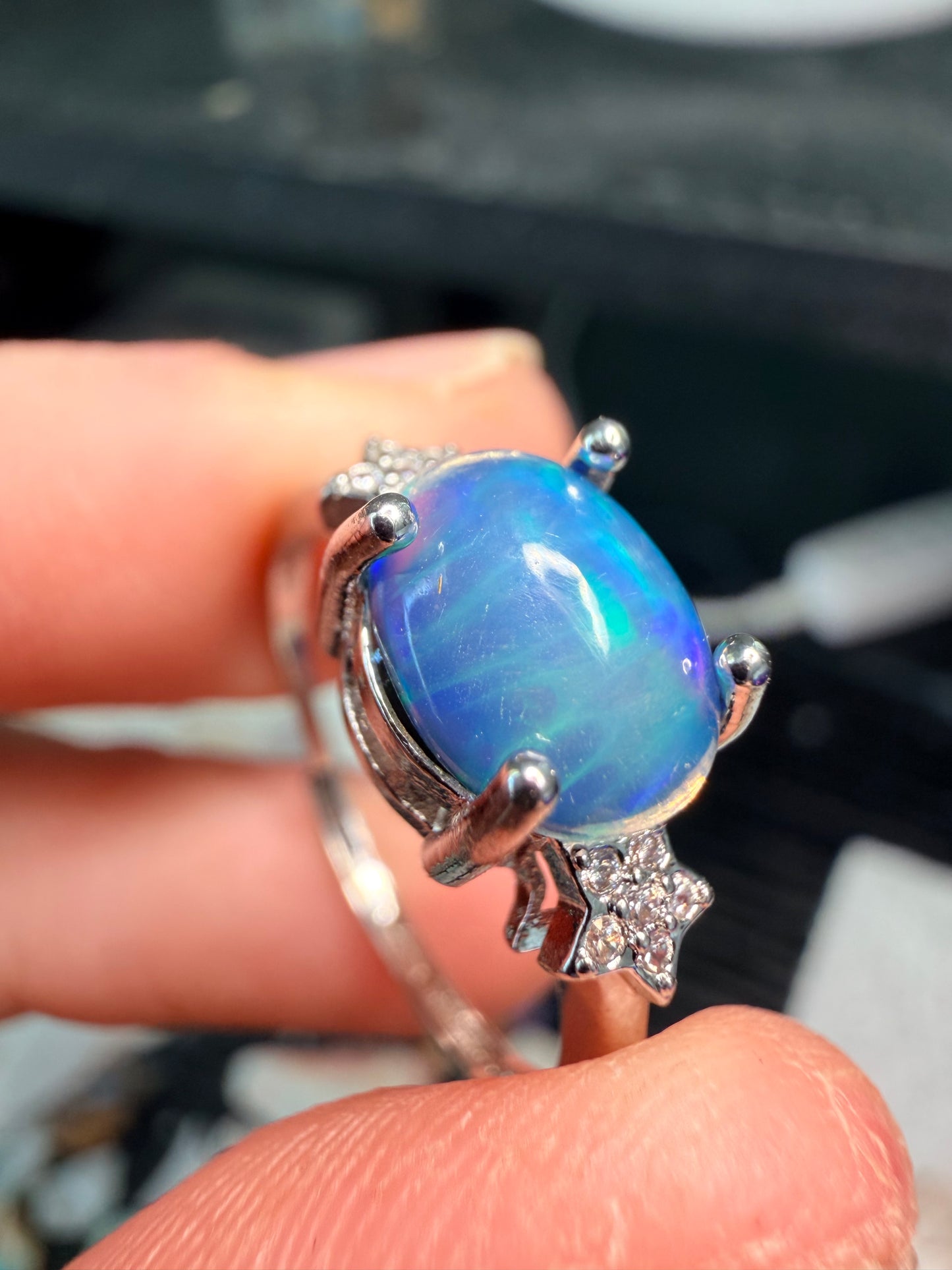 Blue honeycomb Ethiopian opal adjustable ring