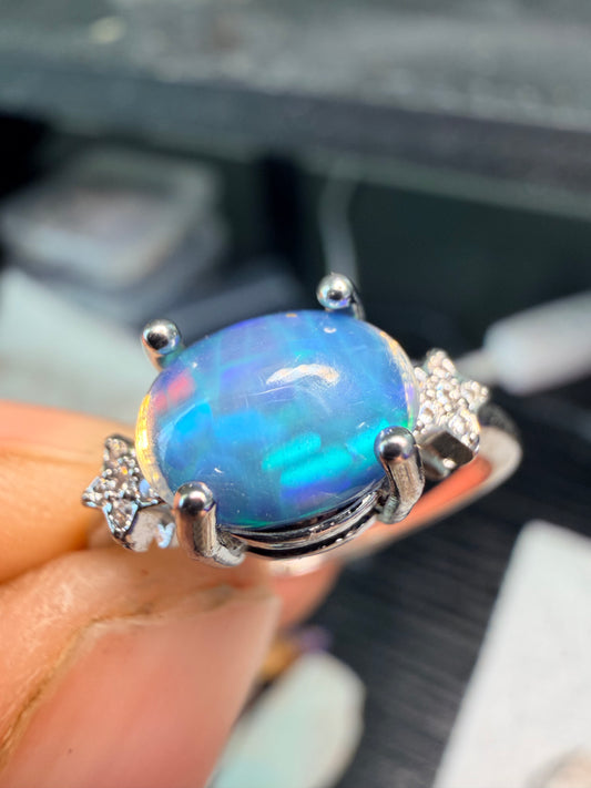 Blue honeycomb Ethiopian opal adjustable ring