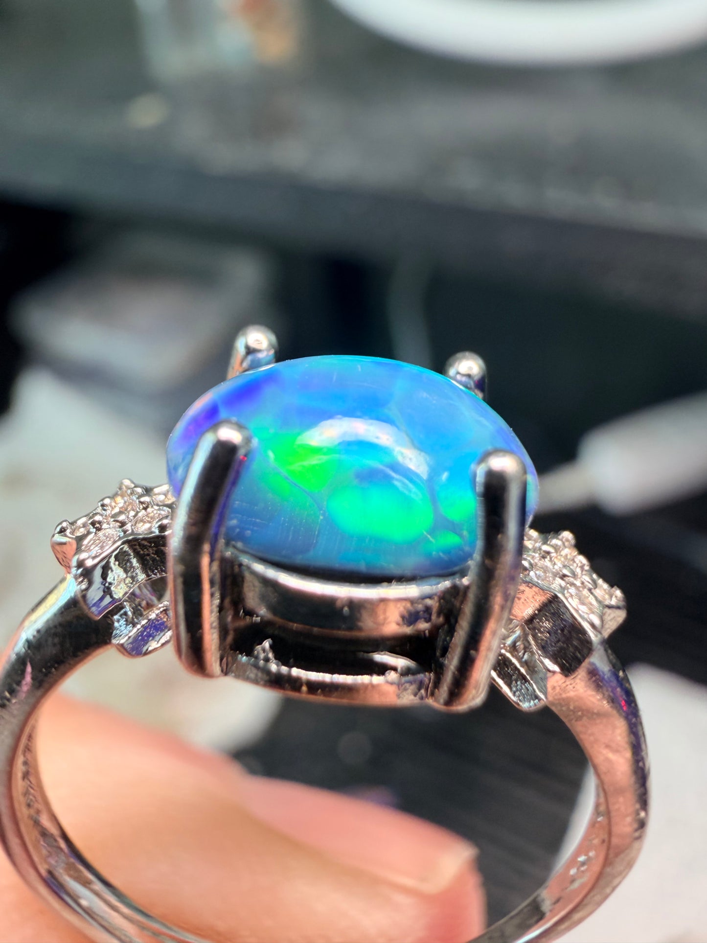 Blue honeycomb Ethiopian opal adjustable ring