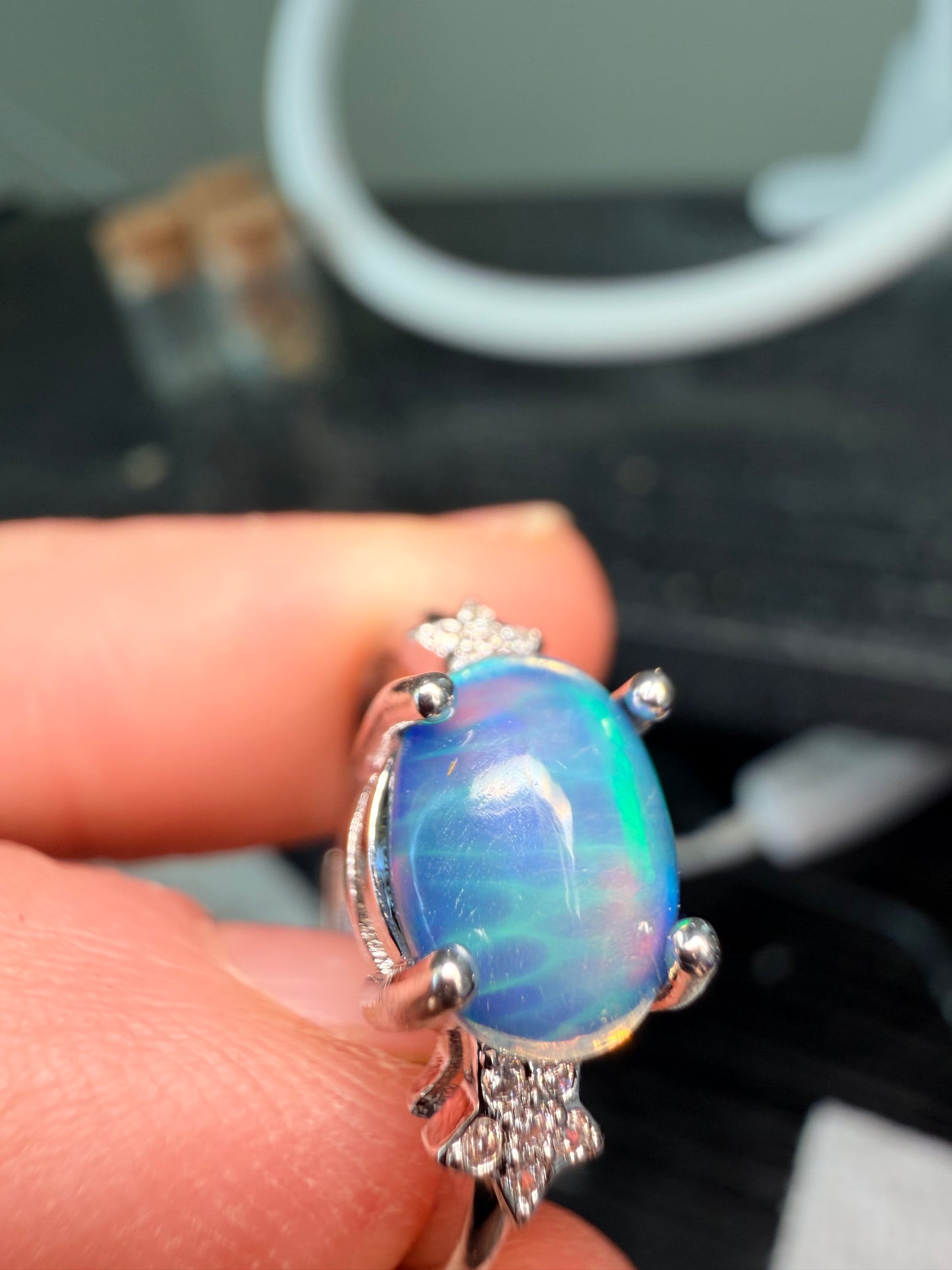 Blue honeycomb Ethiopian opal adjustable ring