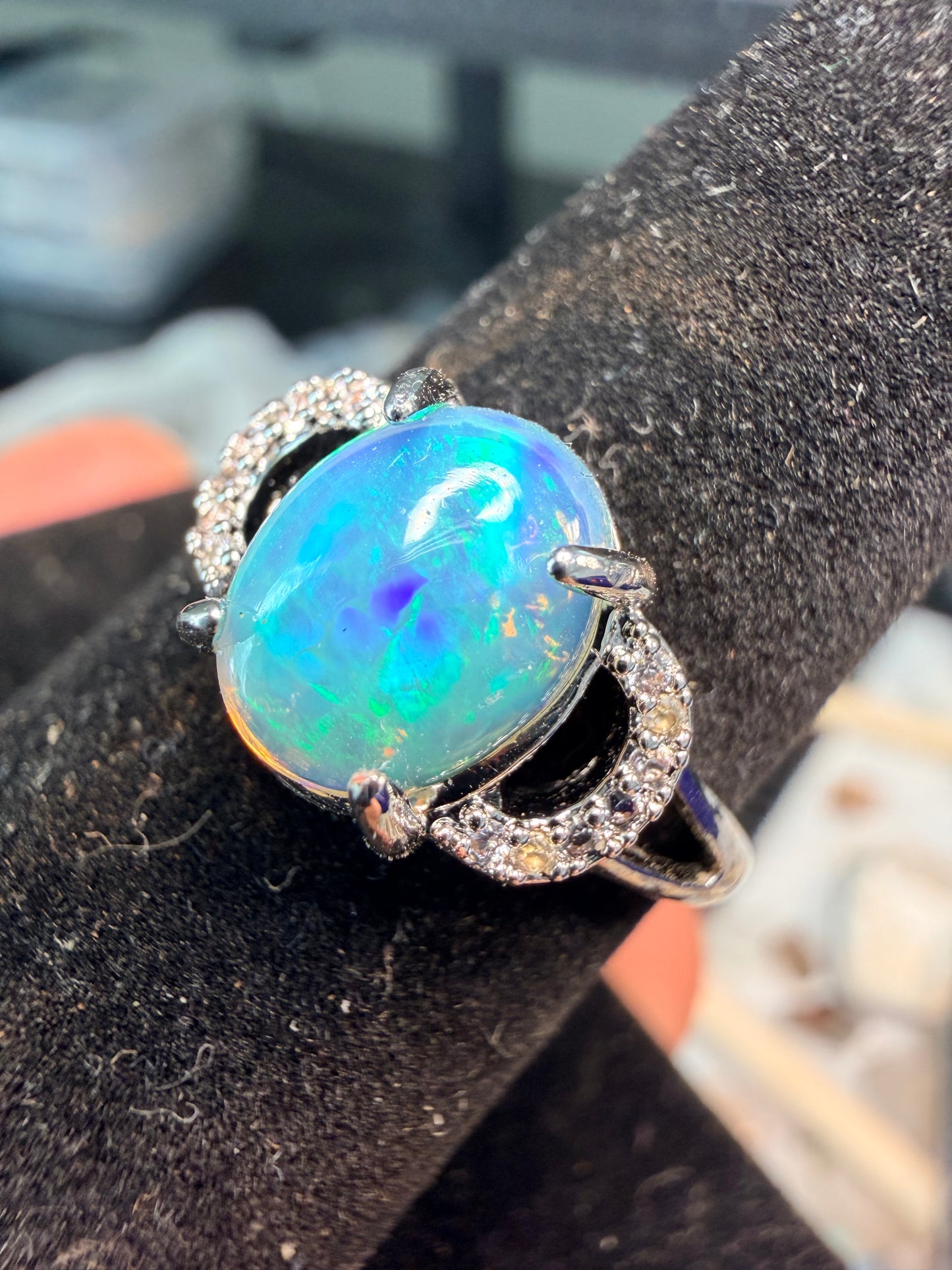 1.4 carat Ethiopian opal adjustable ring blue green flash