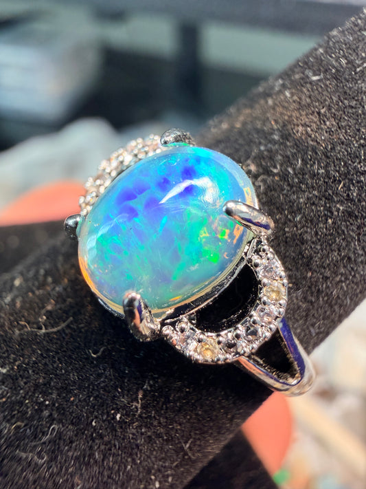 1.4 carat Ethiopian opal adjustable ring blue green flash