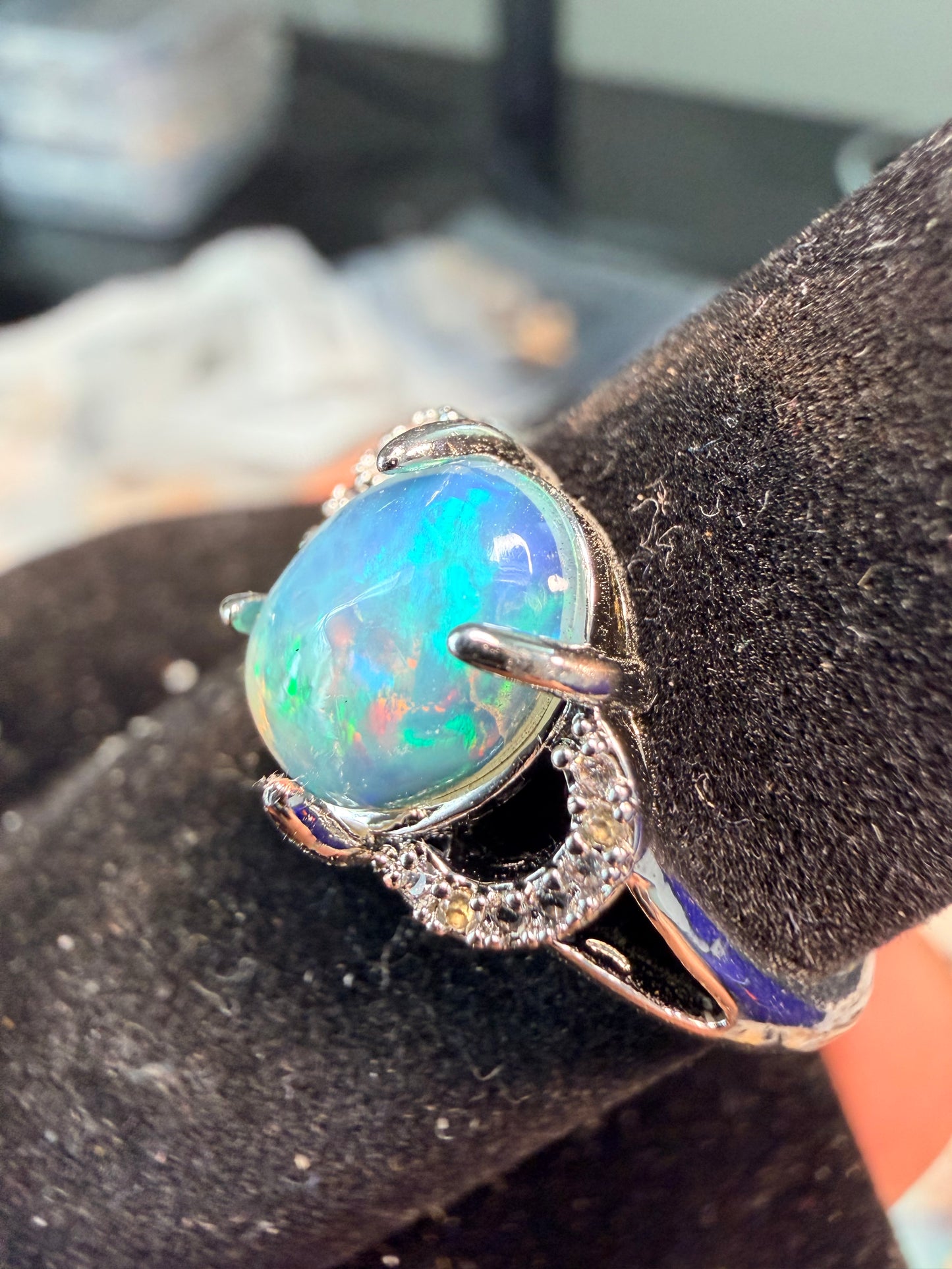 1.4 carat Ethiopian opal adjustable ring blue green flash