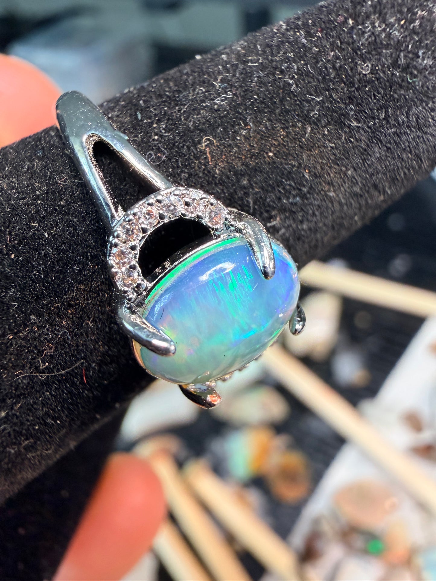 1.4 carat Ethiopian opal adjustable ring blue green flash