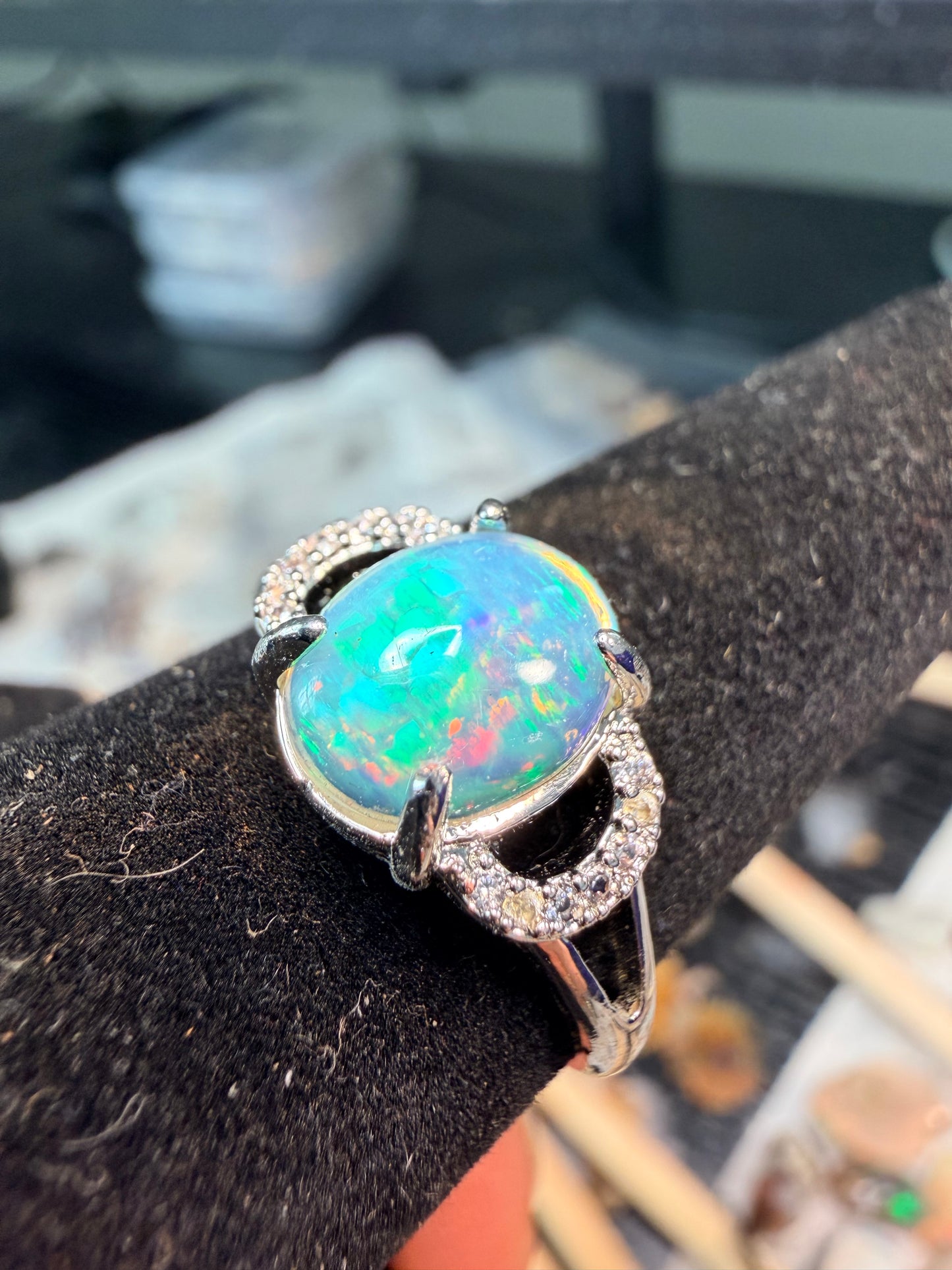 1.4 carat Ethiopian opal adjustable ring blue green flash