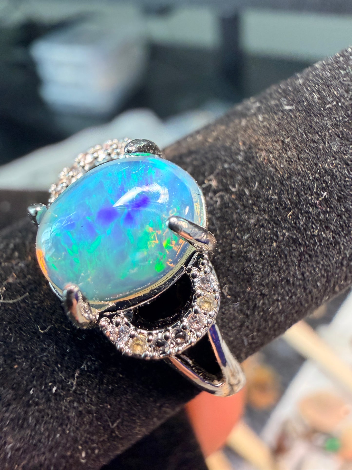 1.4 carat Ethiopian opal adjustable ring blue green flash