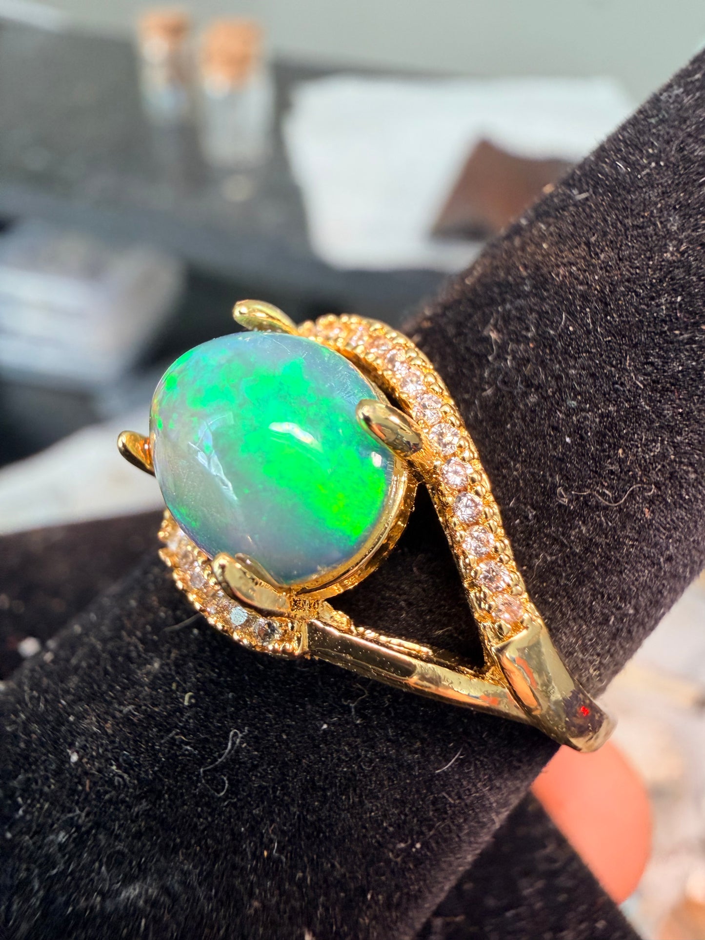 1.9 carat Ethiopian opal adjustable ring blue green flash