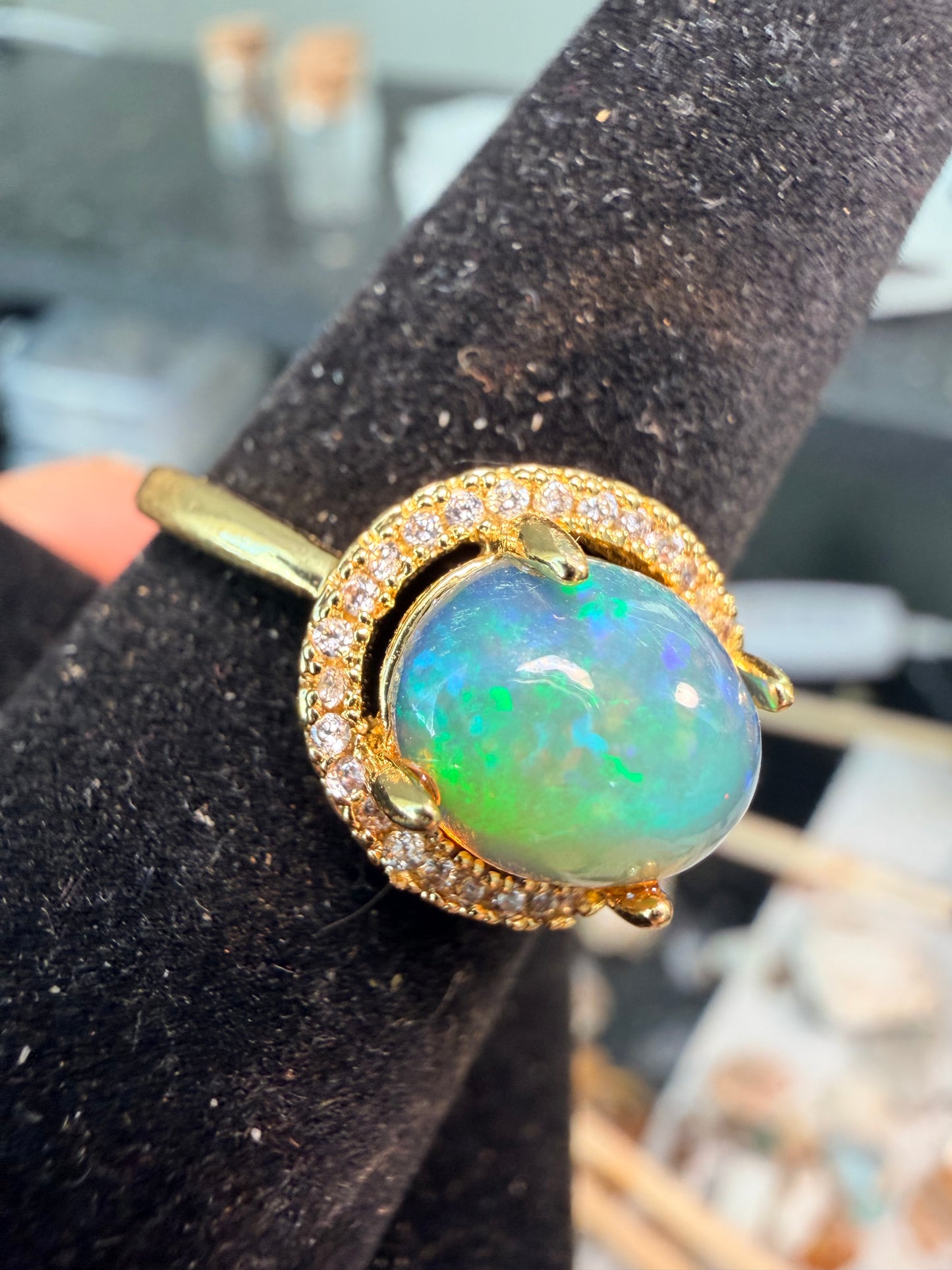 1.9 carat Ethiopian opal adjustable ring blue green flash