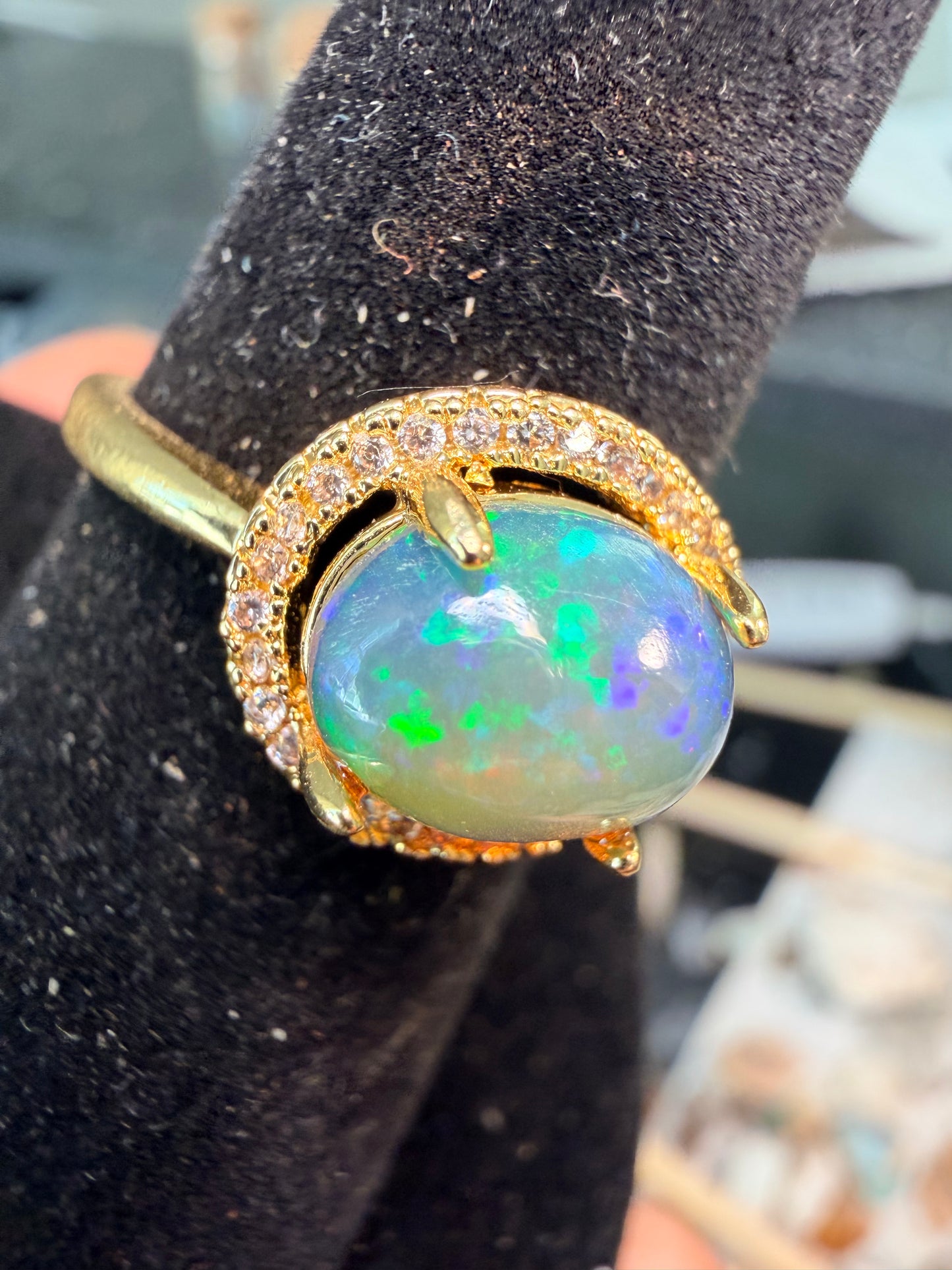 1.9 carat Ethiopian opal adjustable ring blue green flash