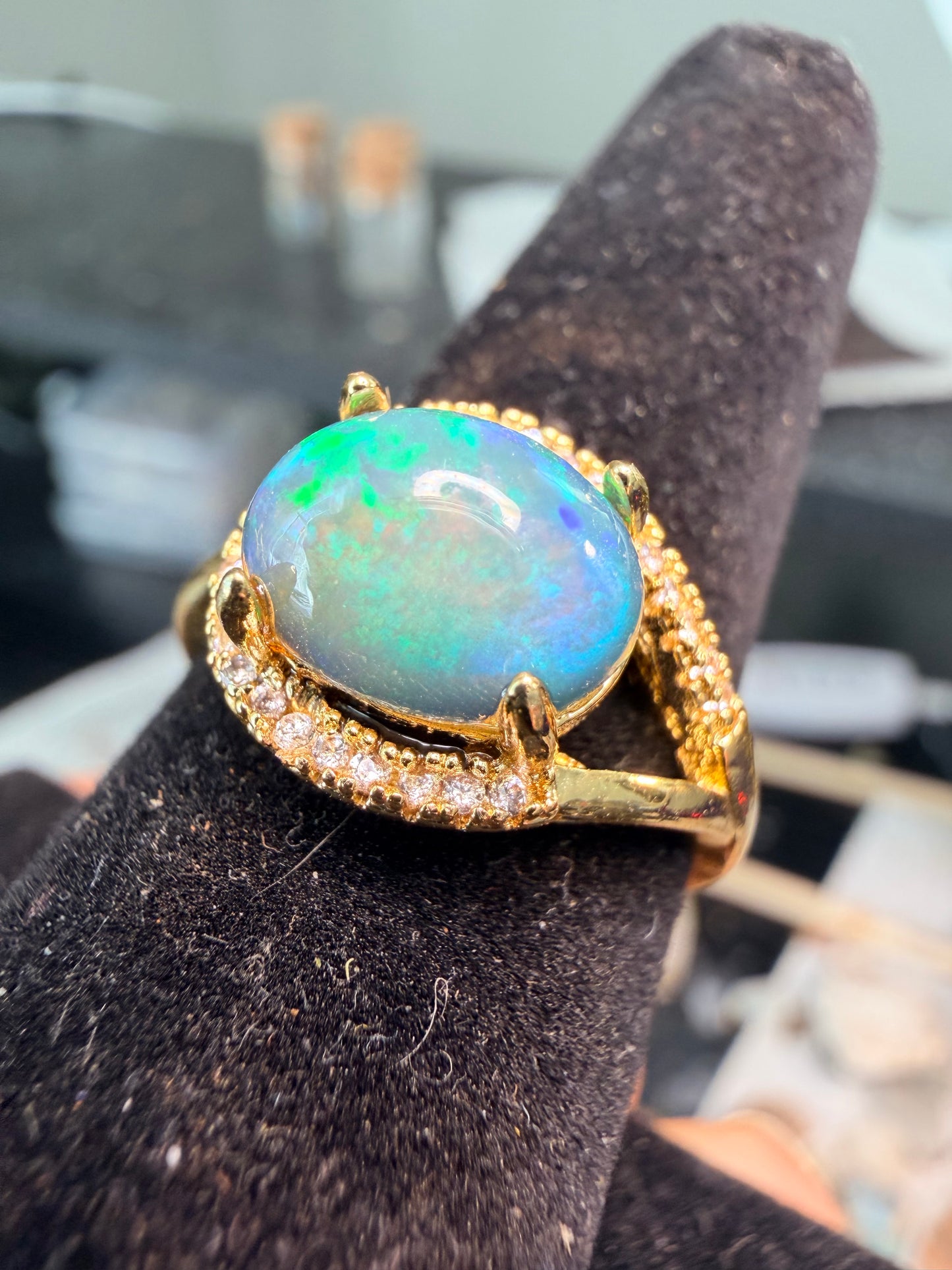1.9 carat Ethiopian opal adjustable ring blue green flash