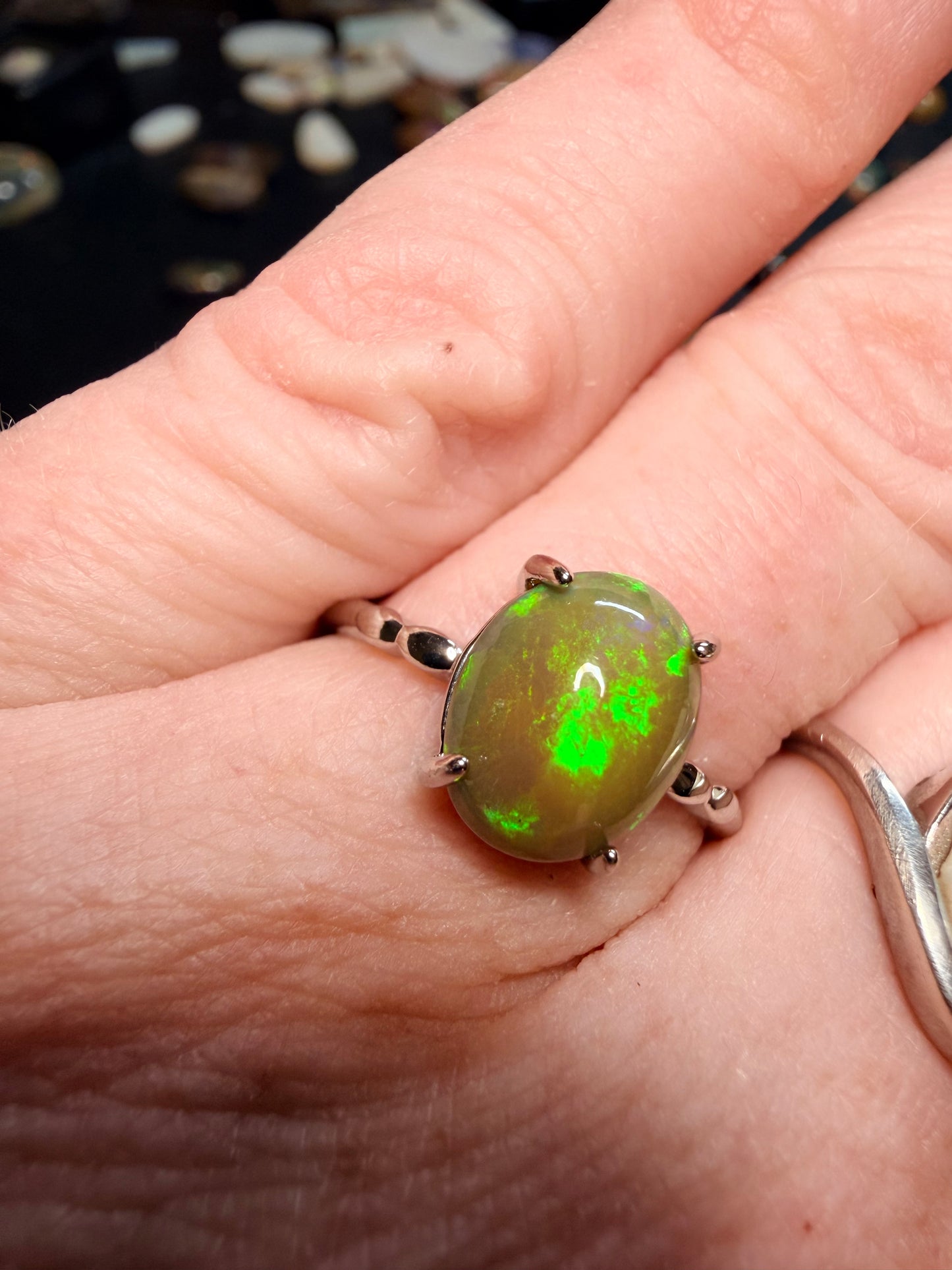 1.7 carat Ethiopian opal adjustable ring green flash
