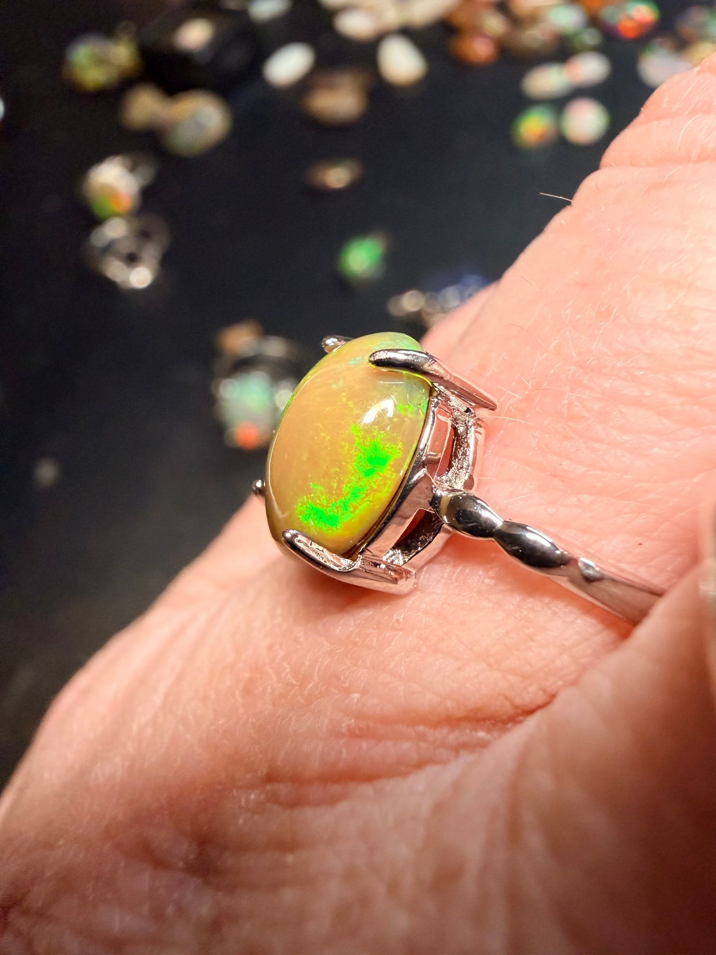 1.7 carat Ethiopian opal adjustable ring green flash