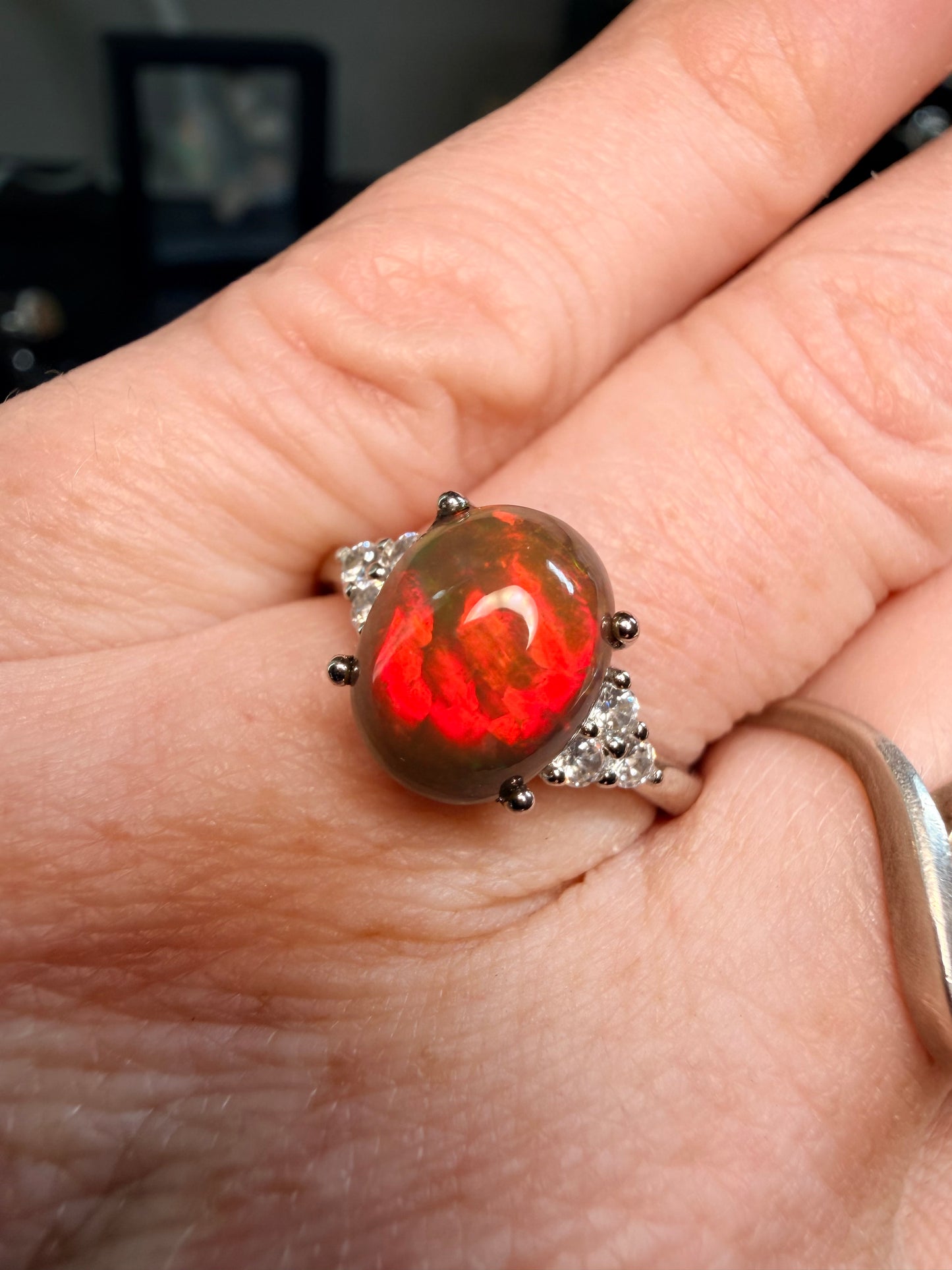 2 carat Ethiopian opal adjustable ring red flash