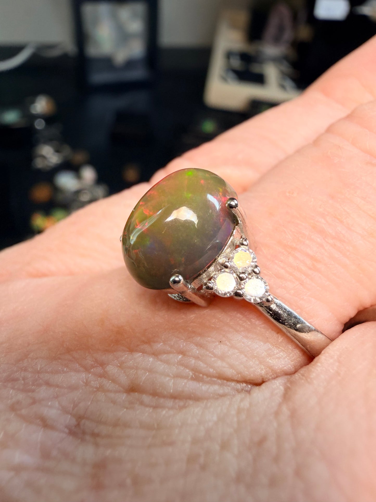 2 carat Ethiopian opal adjustable ring red flash