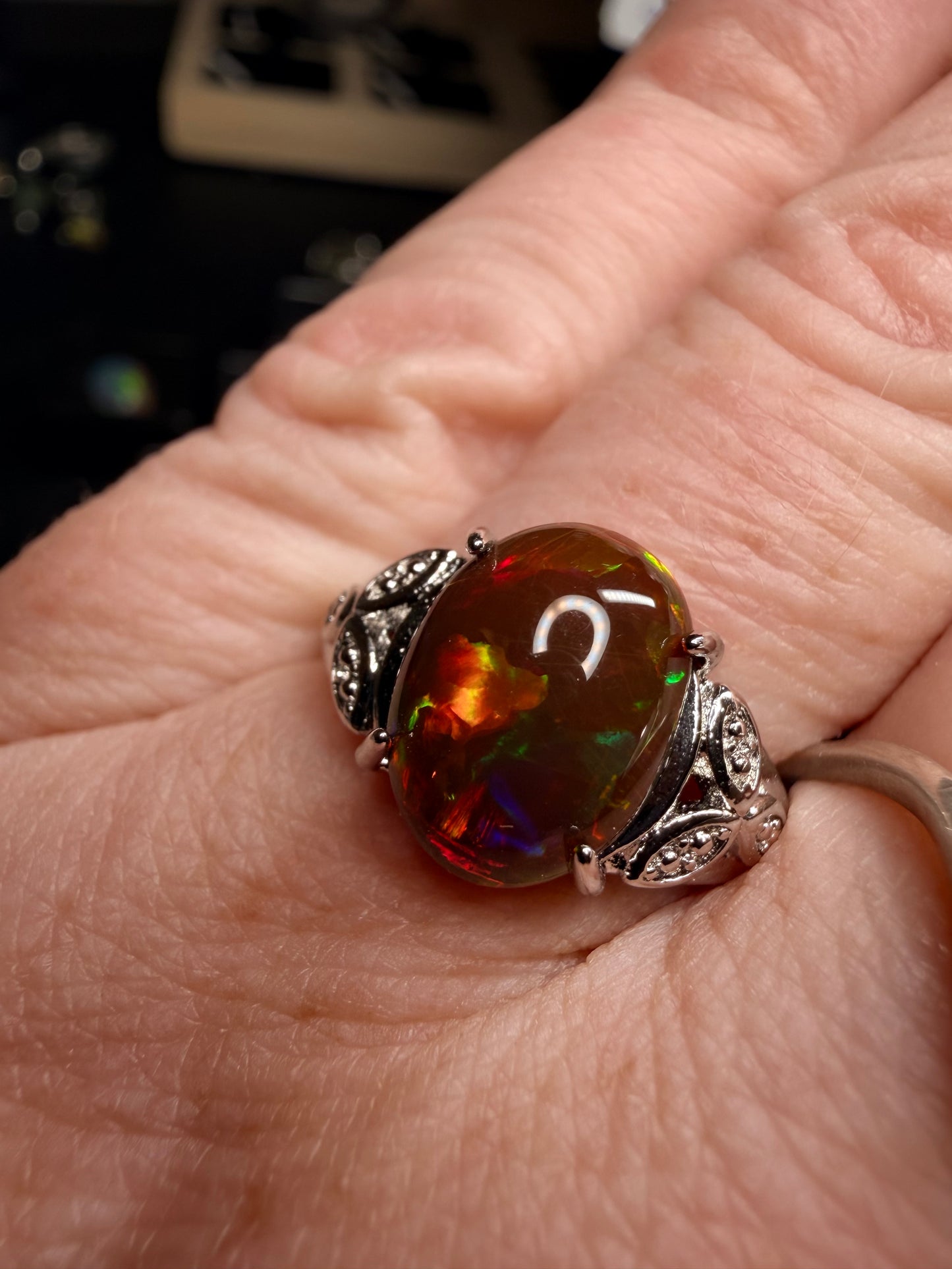2.4 carat Ethiopian opal natural black adjustable ring