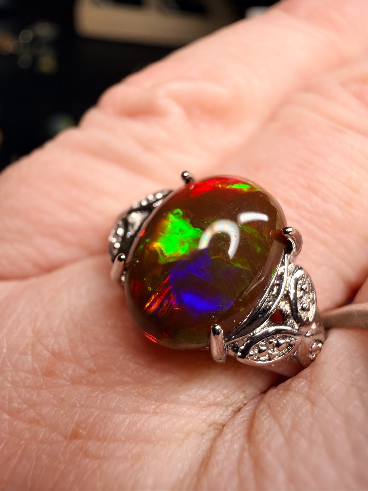 2.4 carat Ethiopian opal natural black adjustable ring