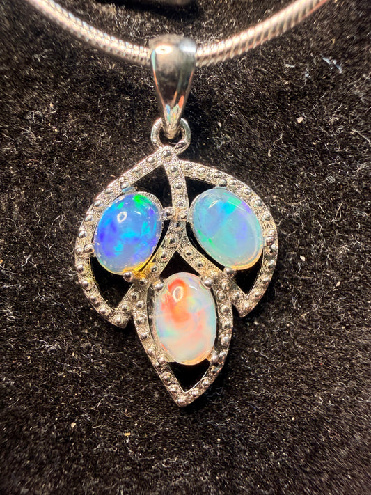 3 stone Ethiopian opal pendant with chain