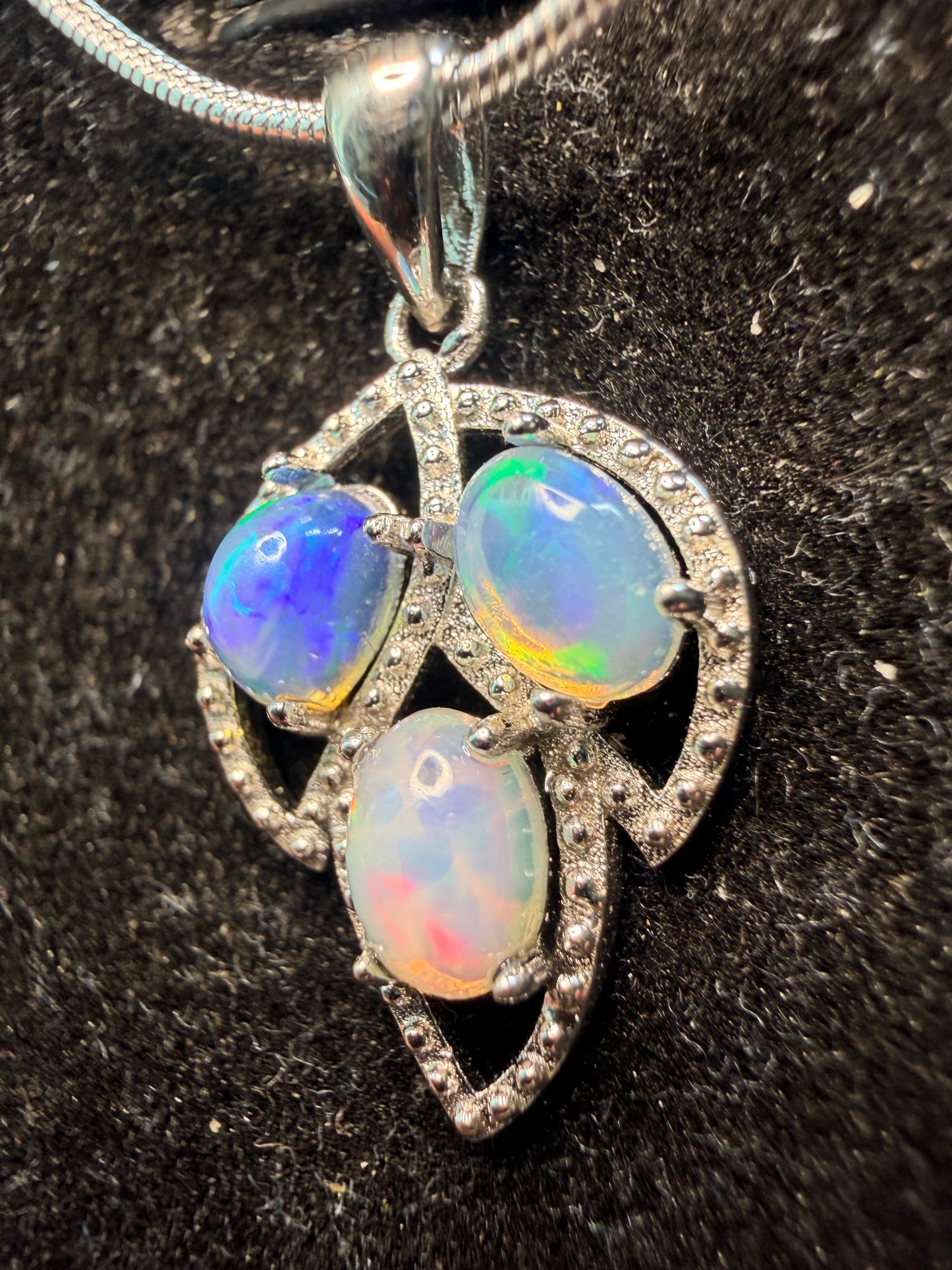3 stone Ethiopian opal pendant with chain