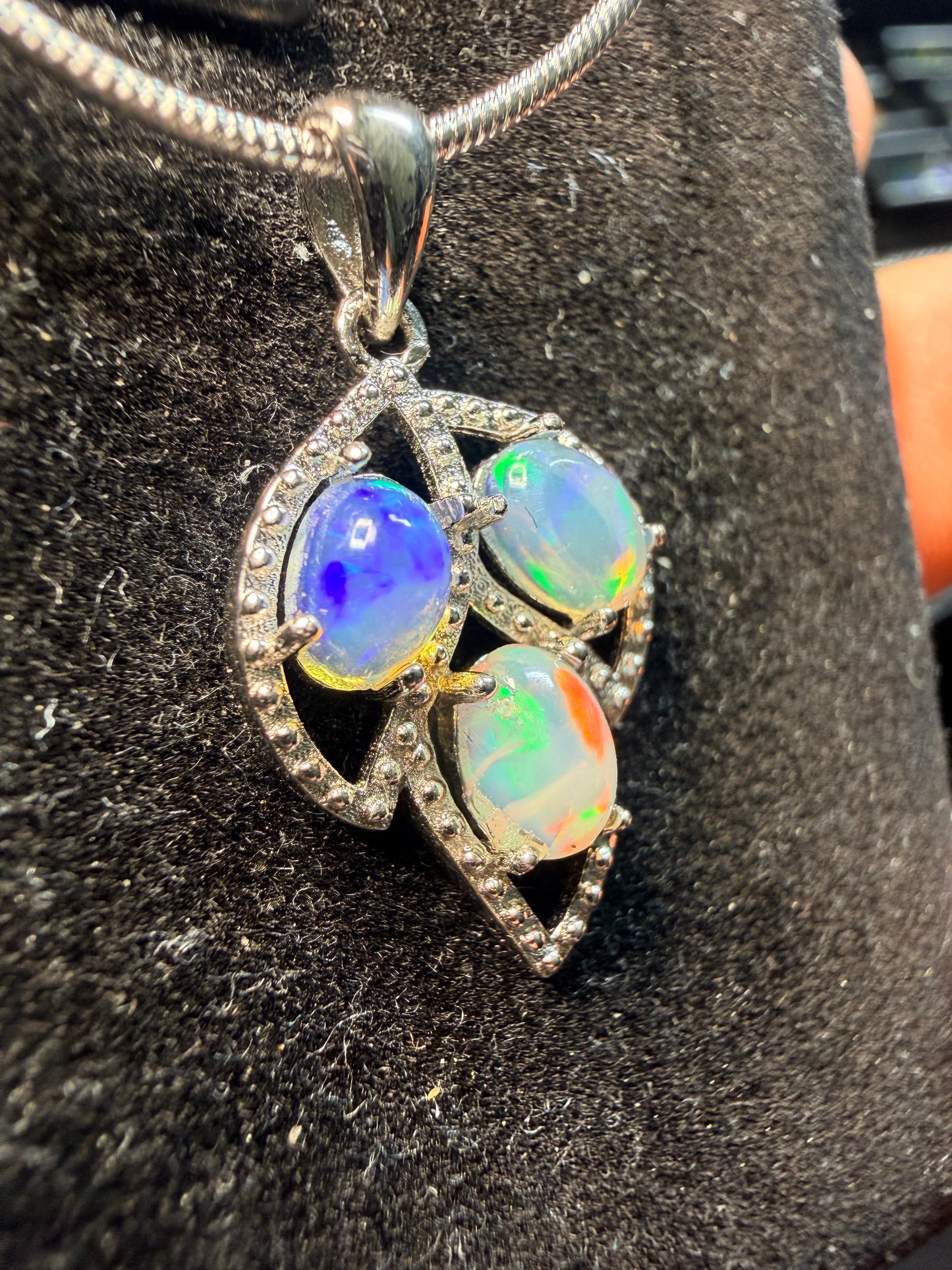 3 stone Ethiopian opal pendant with chain