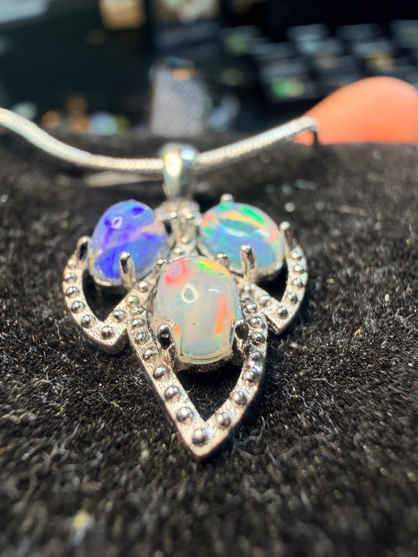 3 stone Ethiopian opal pendant with chain