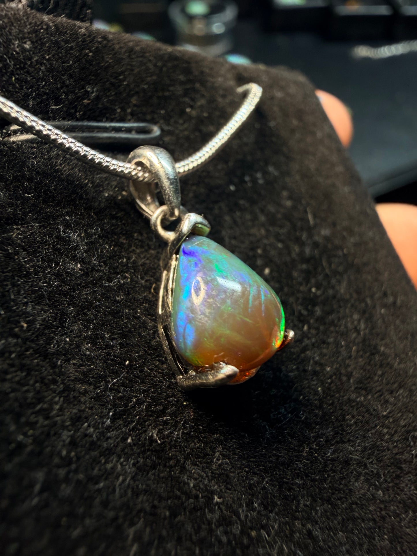 Small Ethiopian opal teardrop pendant with chain