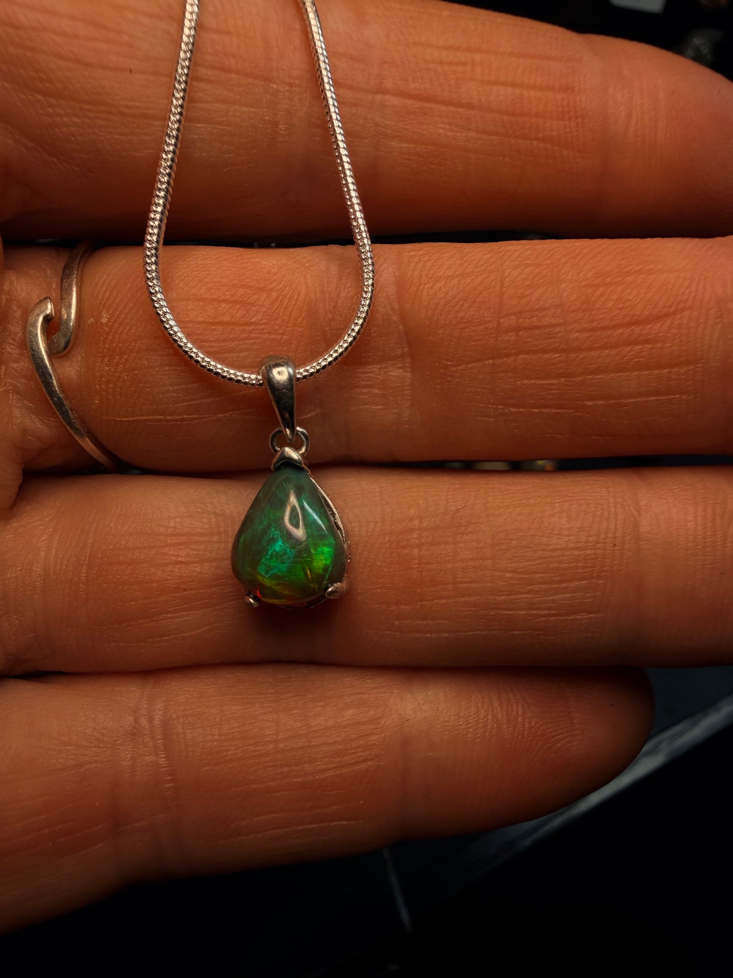 Small Ethiopian opal teardrop pendant with chain