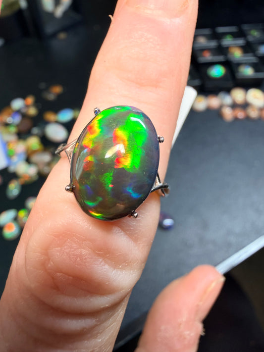 4.6 carat all natural black Ethiopian opal adjustable sterling ring