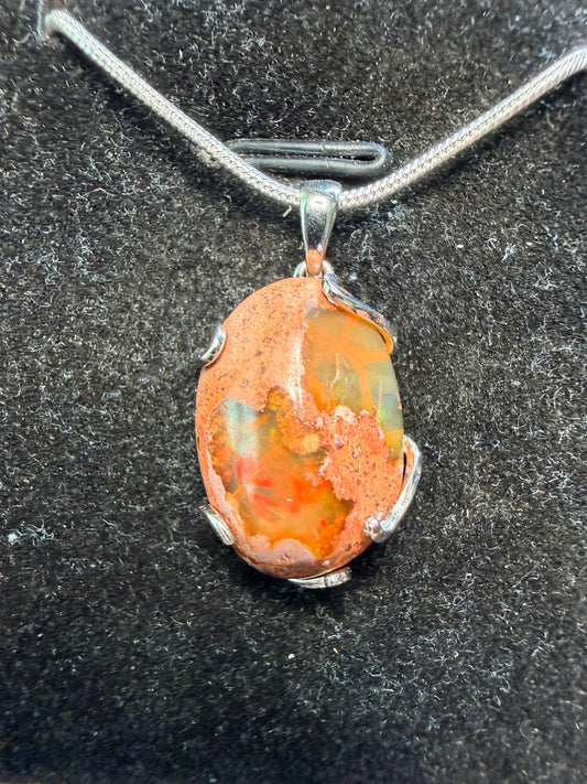 10 carat Mexican Cantera Fire Opal Pendant with sterling g silver snake chain