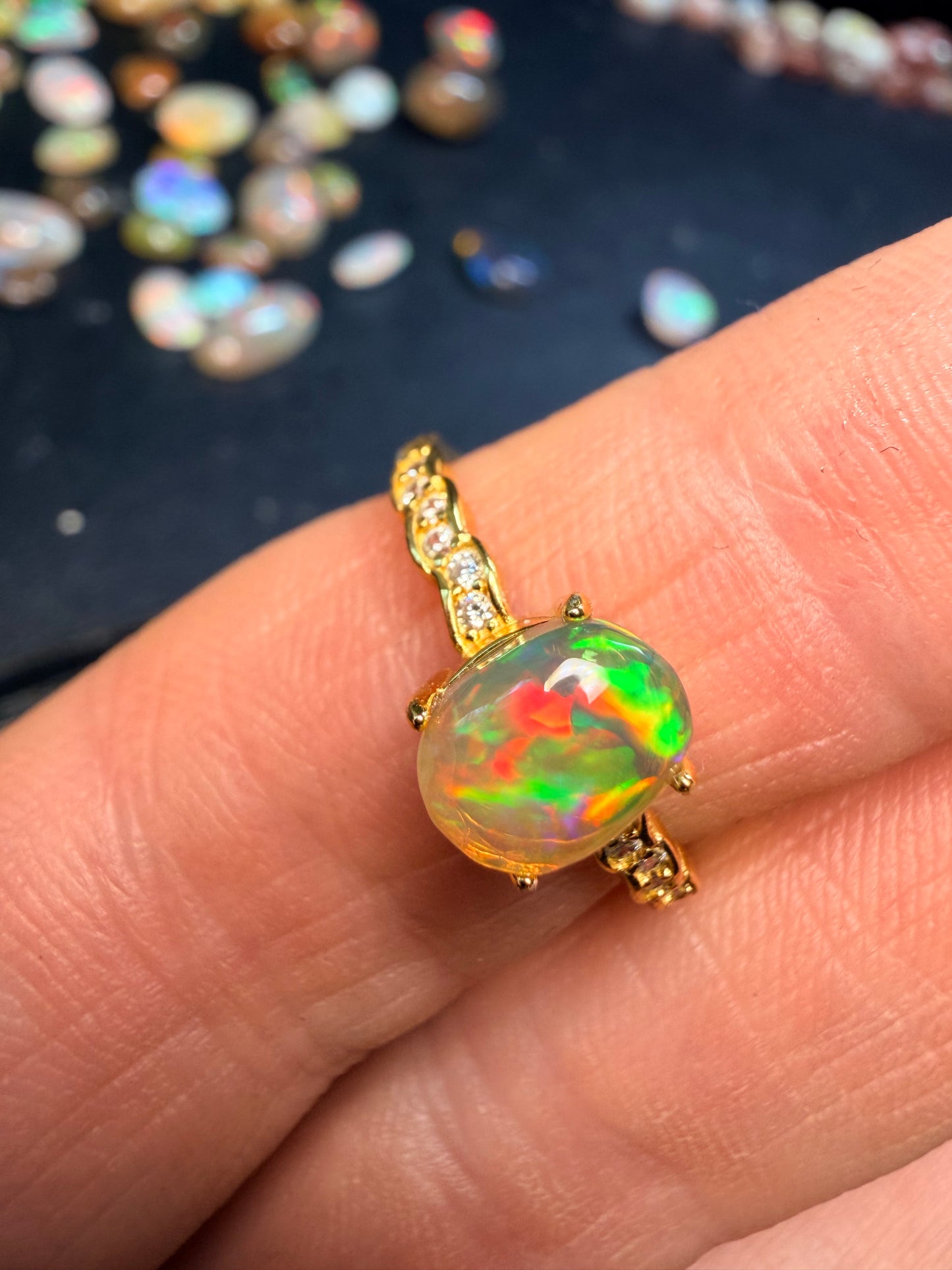 7.7mm x 6.1mm Ethiopian opal adjustable Ring in 925 gold setting