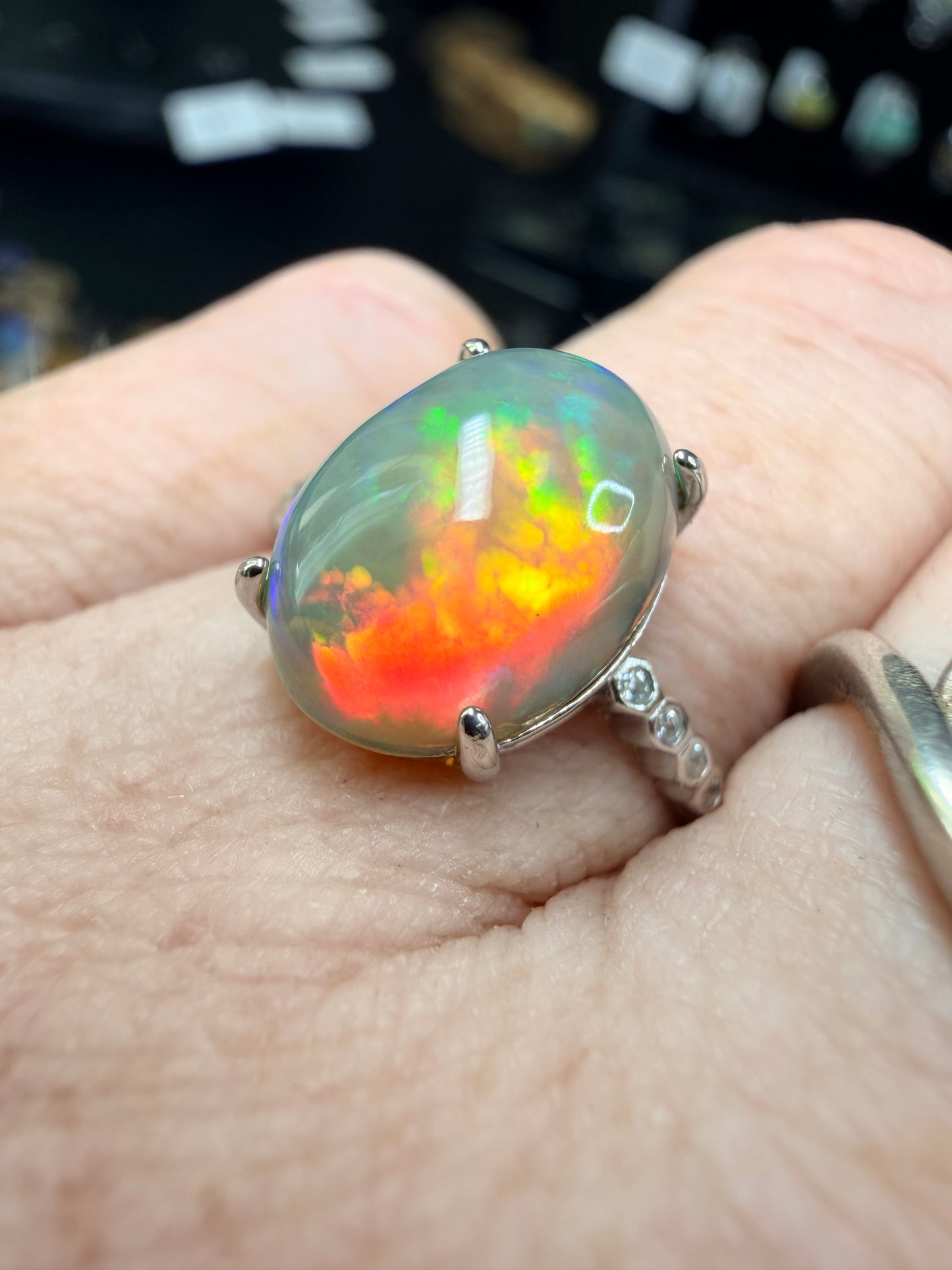 2.8 carat all natural Ethiopian opal adjustable ring with honeycomb pattern