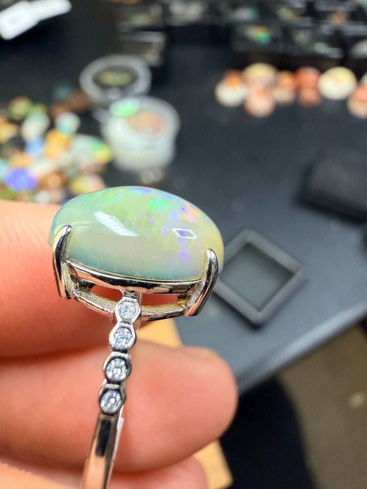 2.8 carat all natural Ethiopian opal adjustable ring with honeycomb pattern