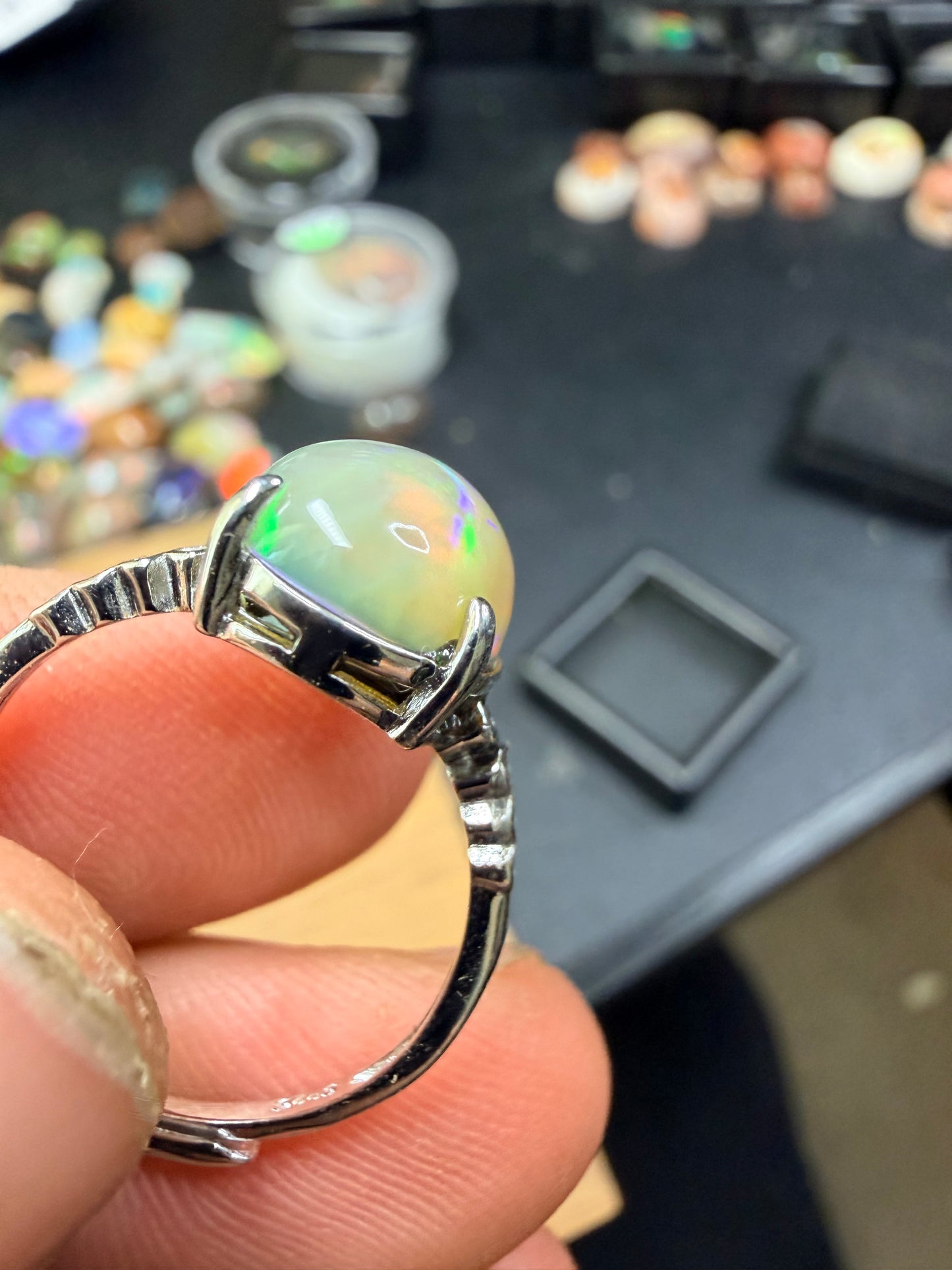 2.8 carat all natural Ethiopian opal adjustable ring with honeycomb pattern