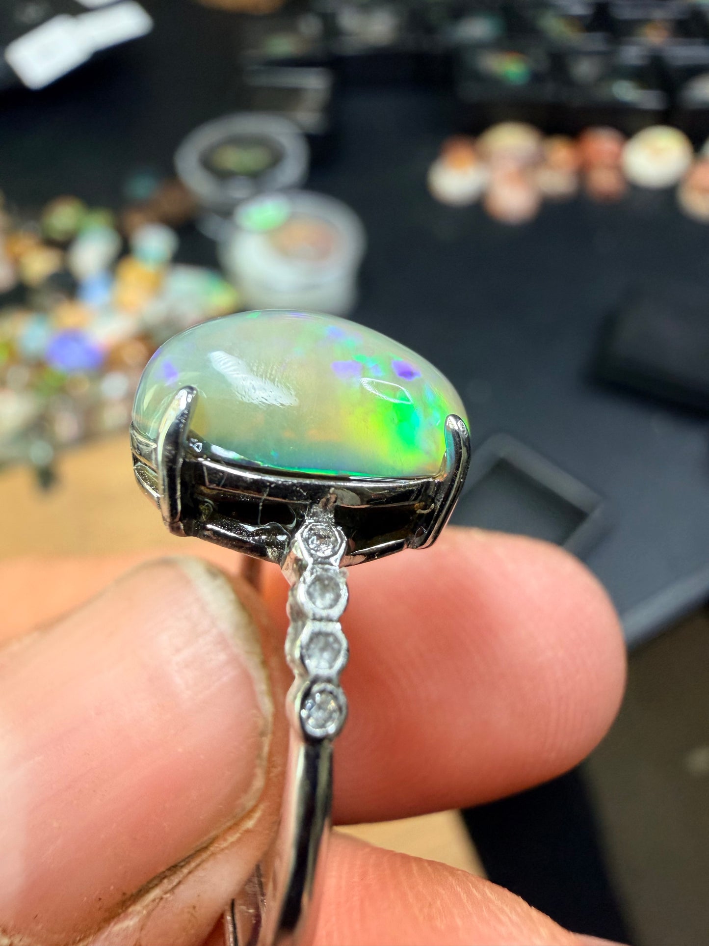 2.8 carat all natural Ethiopian opal adjustable ring with honeycomb pattern