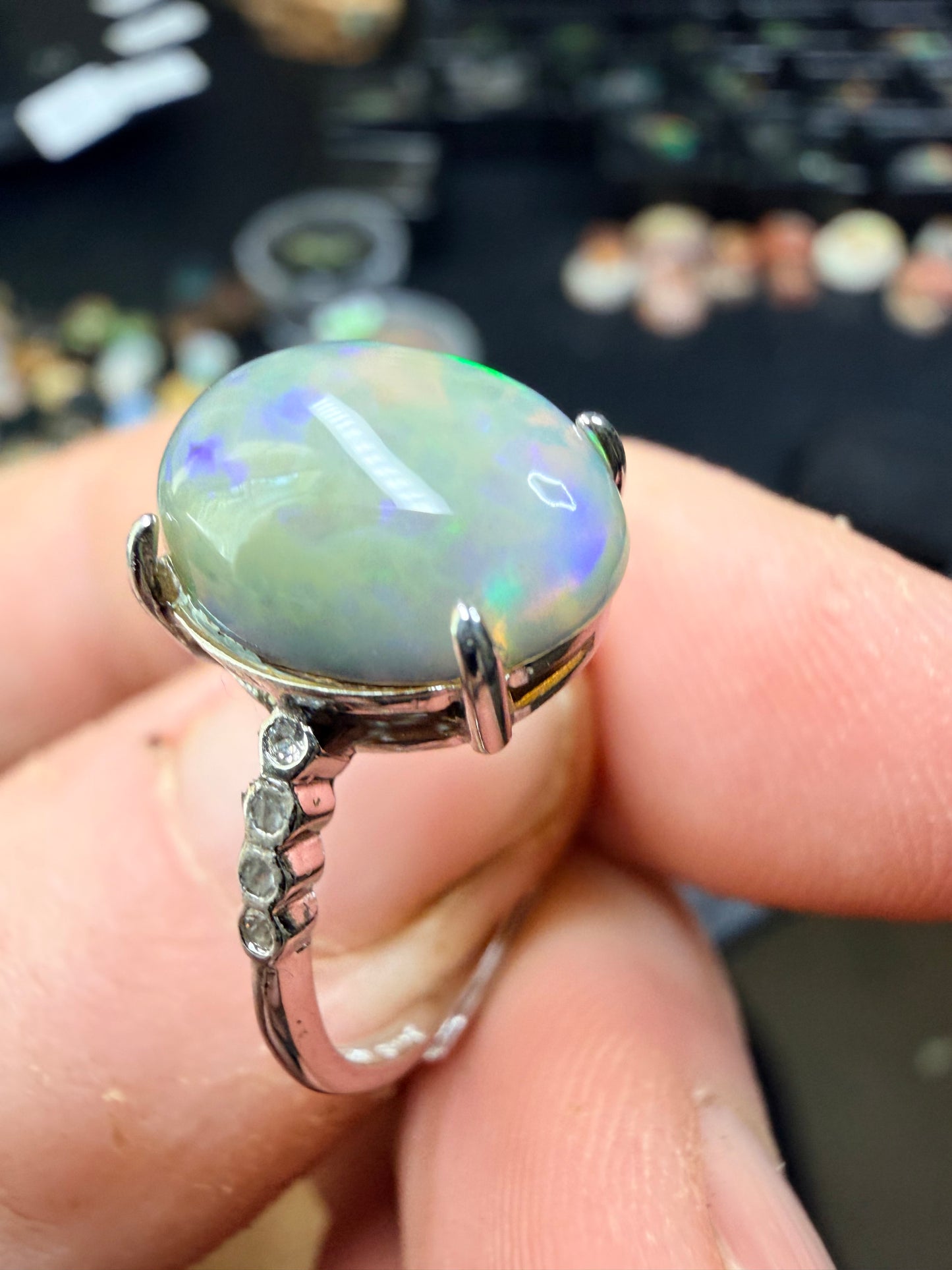 2.8 carat all natural Ethiopian opal adjustable ring with honeycomb pattern