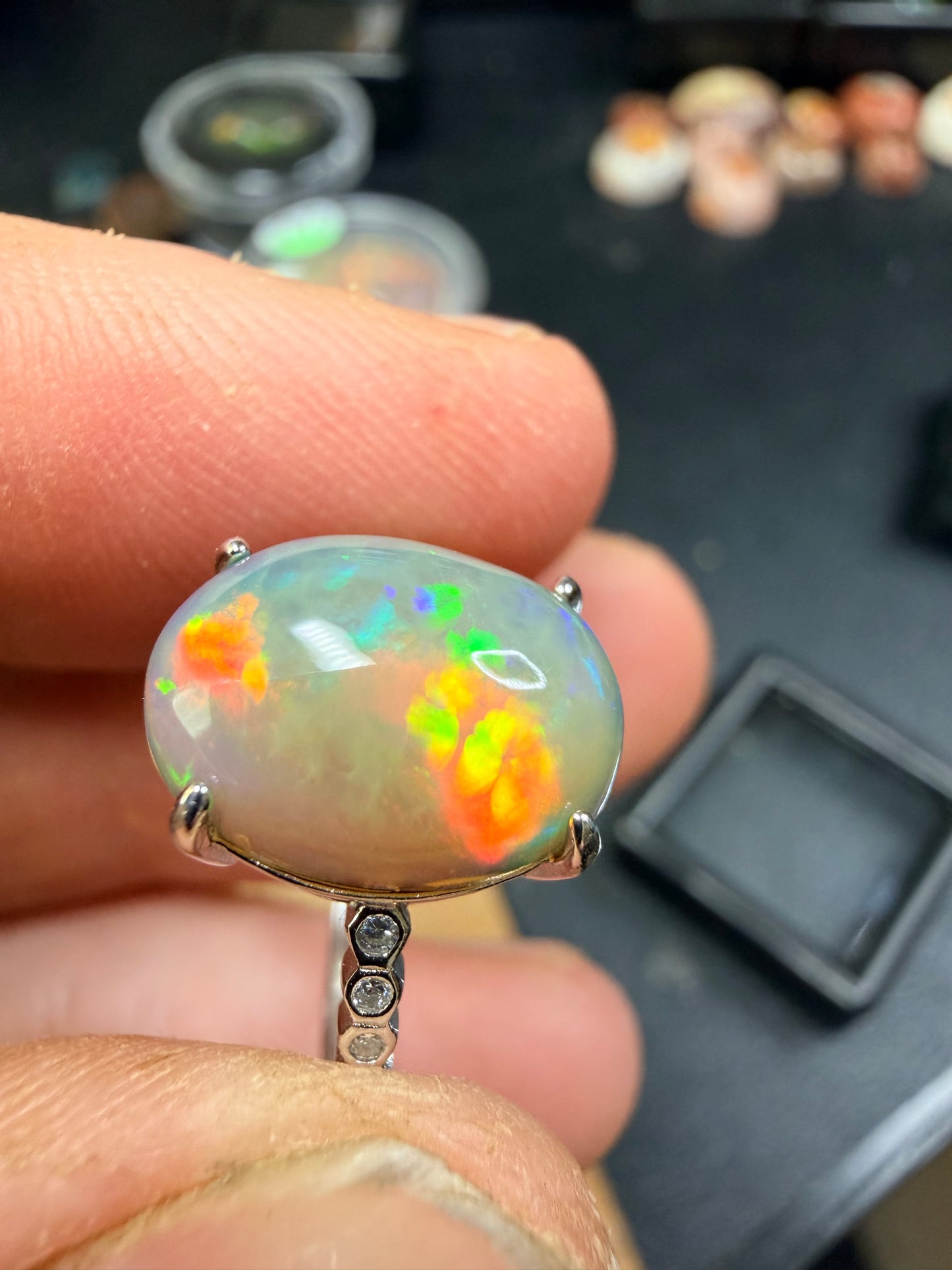 2.8 carat all natural Ethiopian opal adjustable ring with honeycomb pattern